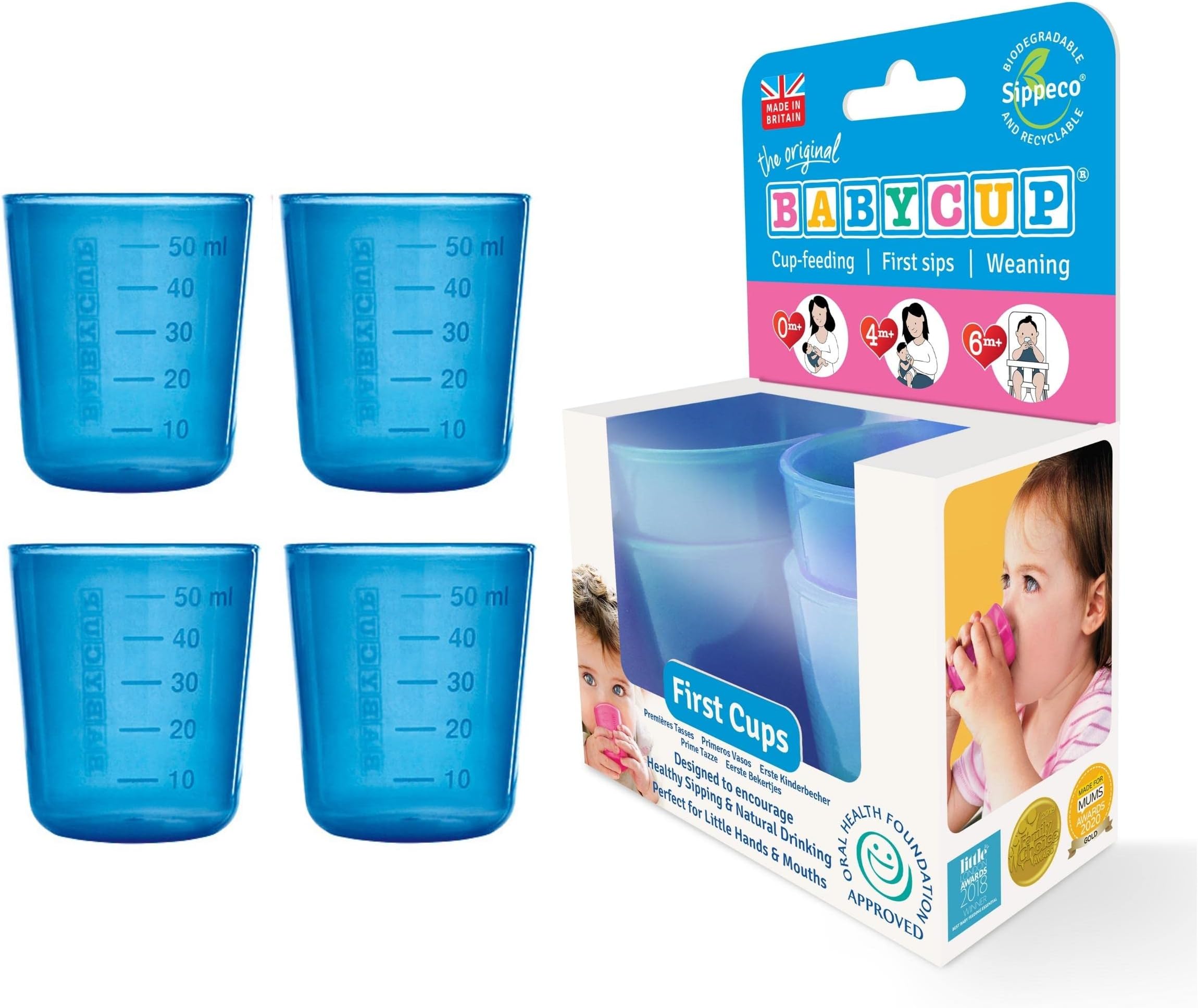 First Cup, Mini Size Training Cup for Toddlers and Free Flow Baby Cup, 1.5fl oz, Open Sippy Cup 4 Months + (4pk Blue)