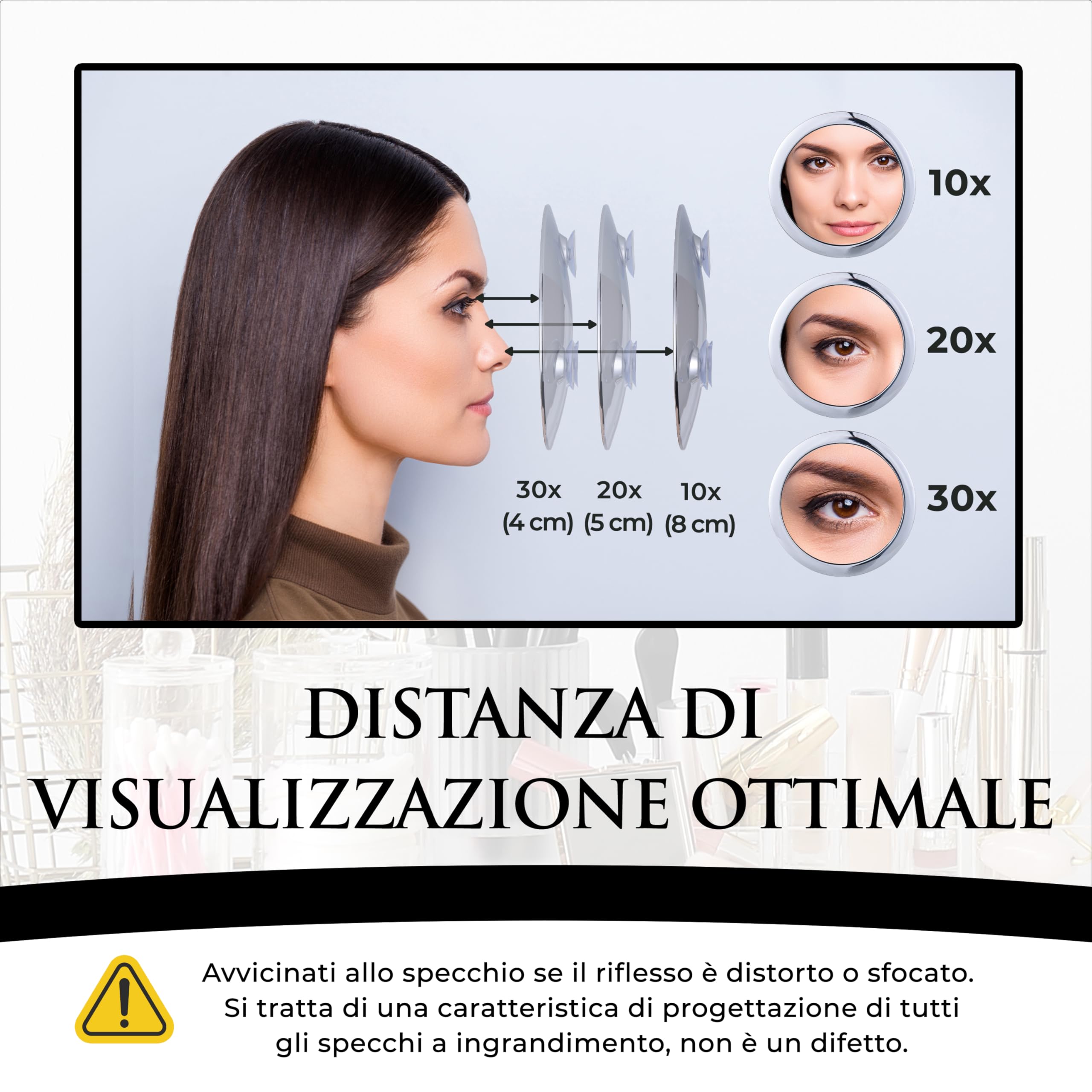 Mirrorvana Specchio ingranditore 30X per trucco - specchio ingrandente rotondo e portatile con tripla ventosa per truccarsi e per epilazione precisa, magnifying mirror - 15 cm (Cromo)