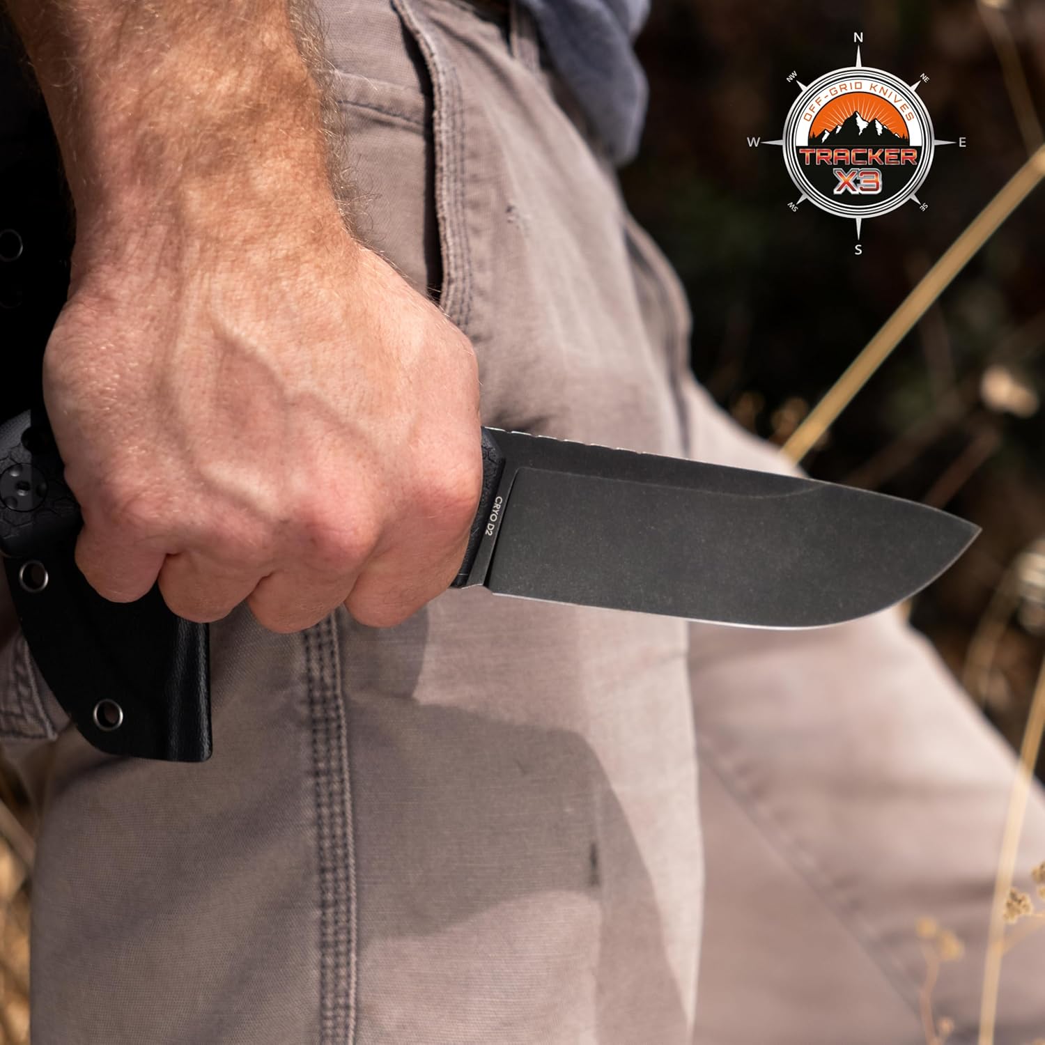 Off-Grid Knives - TRACKER-X3 Fixed Blade Knife, Cryo D2 Blade Steel, G10 Scales, Kydex Sheath, OG Lo-Pro Belt Attachment, Camping, Bushcraft, Hunting, Survival (Blackout)