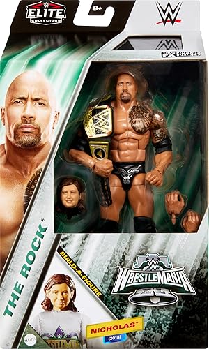 Miniatura 2 de Mattel WWE Elite Collection WrestleMania - Juego de figuras de acción, The Rock coleccionable con accesorios y piezas de Nicholas Build-A-Figure