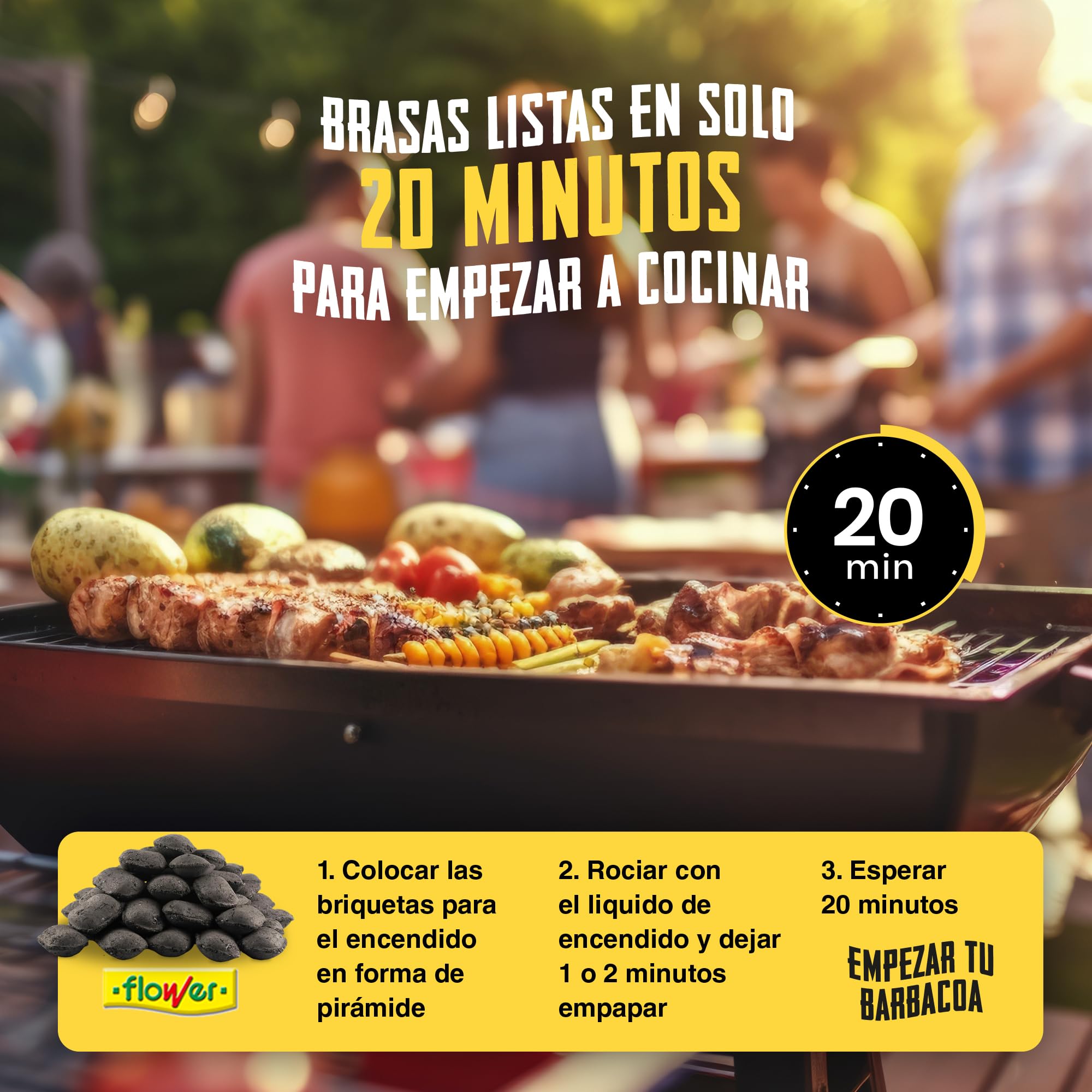 FLOWER Bricchette Carbonio Vegetale Barbecue 100% Naturale 18 KG | Bruci in 20 minuti | Alto potere calorico | Carbone Barbecue, Griglia e Camino senza additivi chimici e minerali