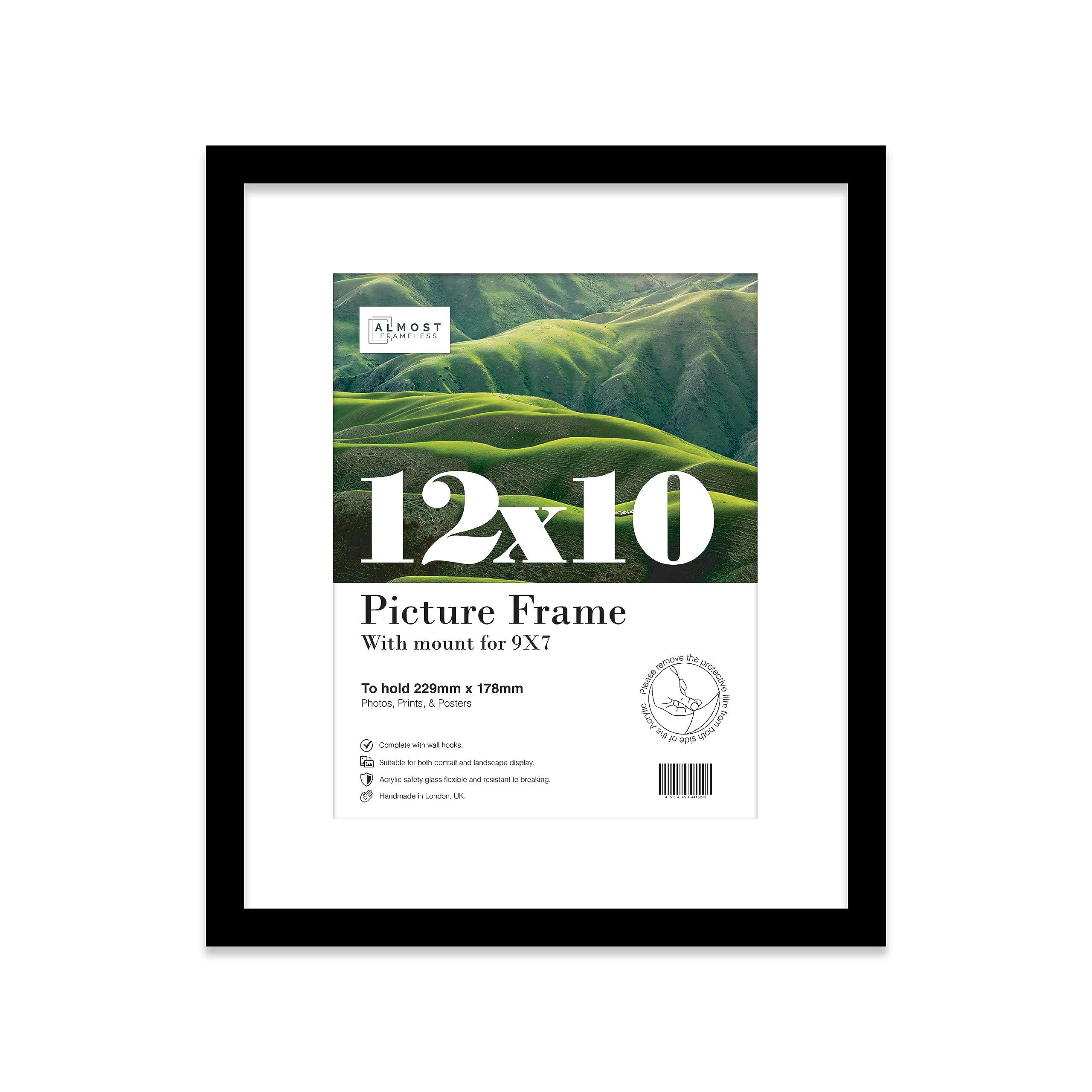 Almost Frameless 12x10 Black Picture Frame With Mount for 9x7 Print, Poster or Photo Poster, Photo, Artwork, or Print. Thin Edge Slim Frame Portrait and Landscape Display with Wall Hooks
