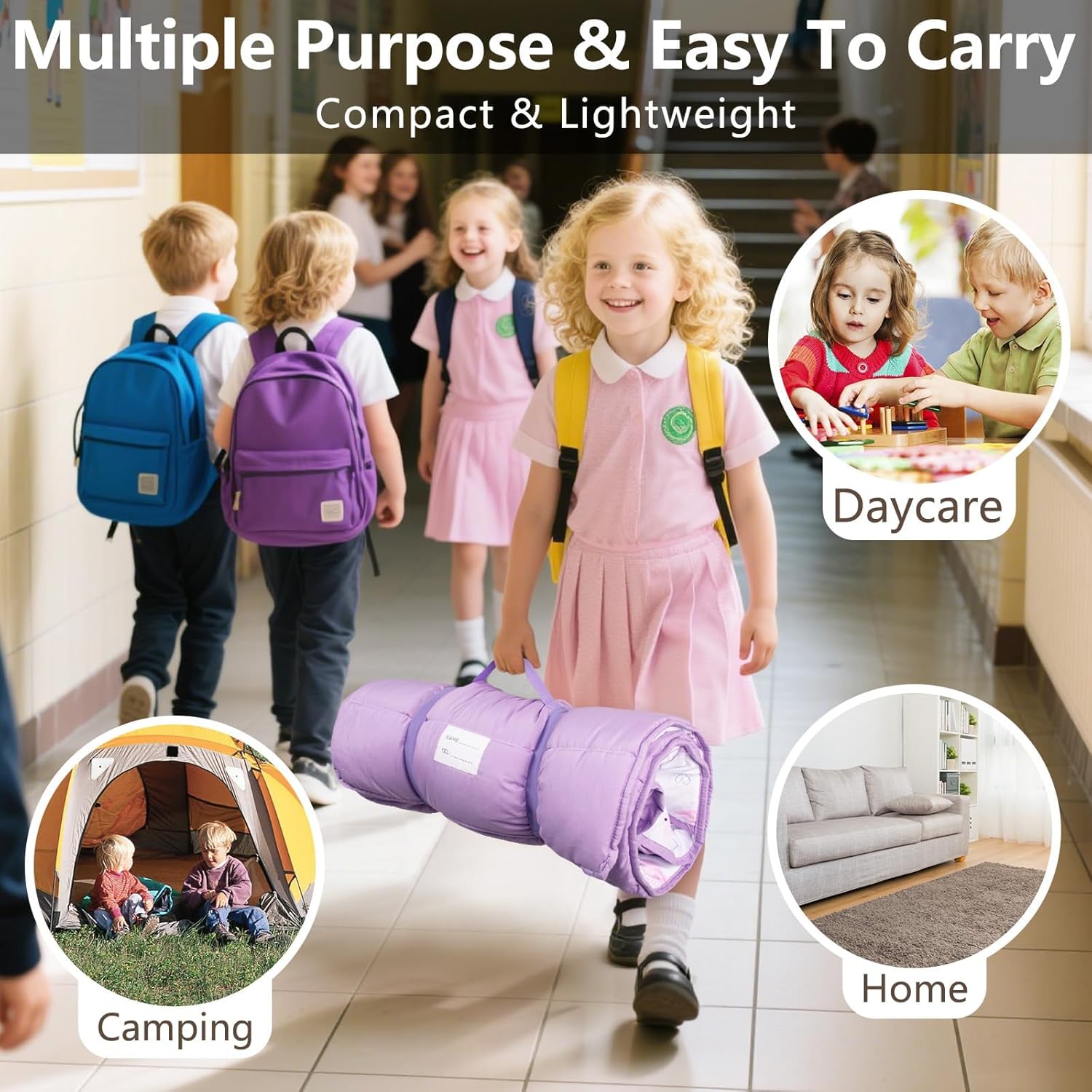 Primlect Lightweight Toddler Nap Mat, Portable Rolled Design Perfect for Daycare Travel, 51”x31 All-in-One Sleeping Bag with Removable Pillow and Fleece Blanket for Boys Girls, Machine Washable