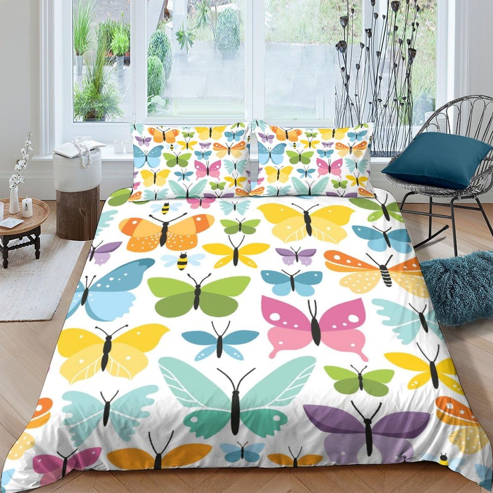 GPLZQXKJNH 3D Printed Colourful Butterfly Duvet Cover Microfiber Soft Breathable Rainbow Bedding Set with 2 Pillowcases for Bedroom Decor Single（135x200cm）
