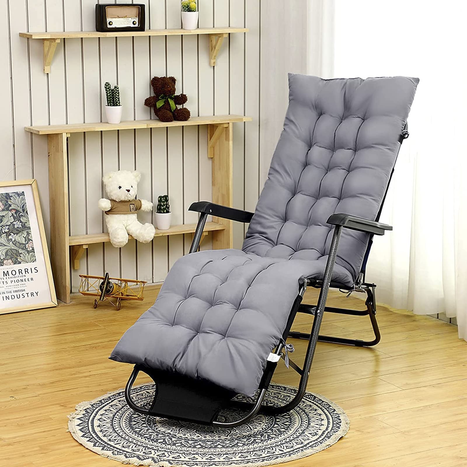 Cuscino Imbottito per Sdraio con Cinghie da Esterno Interno Lavabile Comodo per Sedie Reclinabili 170x48x8cm - Schienale Alto Cuscino Imbottito Cuscini per Sdraio da Giardino,Navy Blue