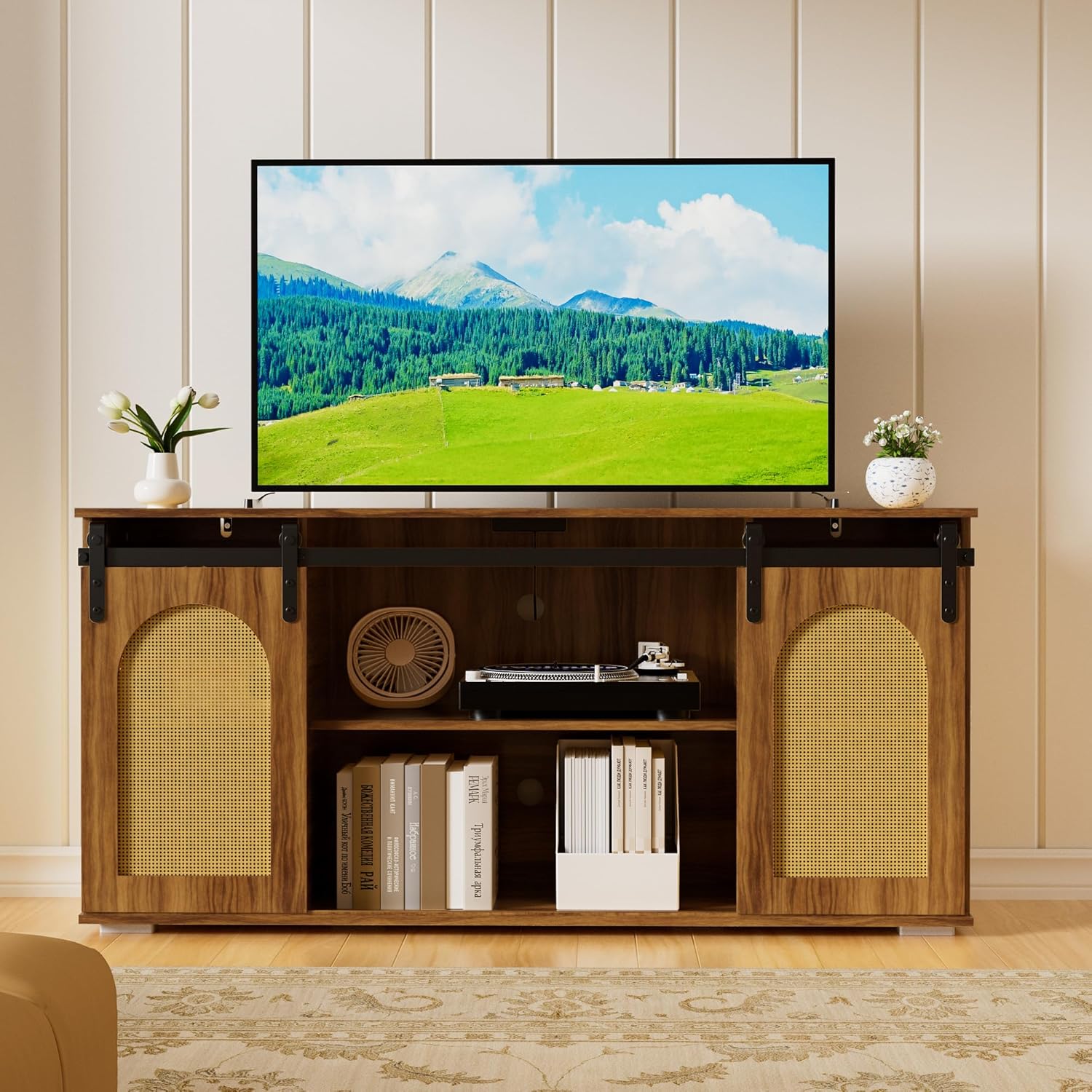 GOODONE Rattan TV Stand for 75'' TV, Boho Entertainment Center with Adjustable Shelf, Media Console Wooden TV Cabinet with Sliding Doors & Open Shelves for Living Room Bedroom, Walnut
