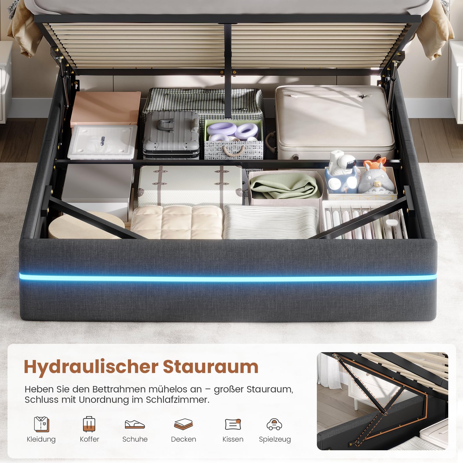 AOGLLATI Bett 140x200 mit Hydraulischem Stauraum, Polsterbett Doppelbett mit LED-Kopfteil & Ladestation (3 USB + 1 Type-C), Jugendbett mit Lattenrost,Boxspringbett, Dunkelgrau Leinen(ohne Matratze)