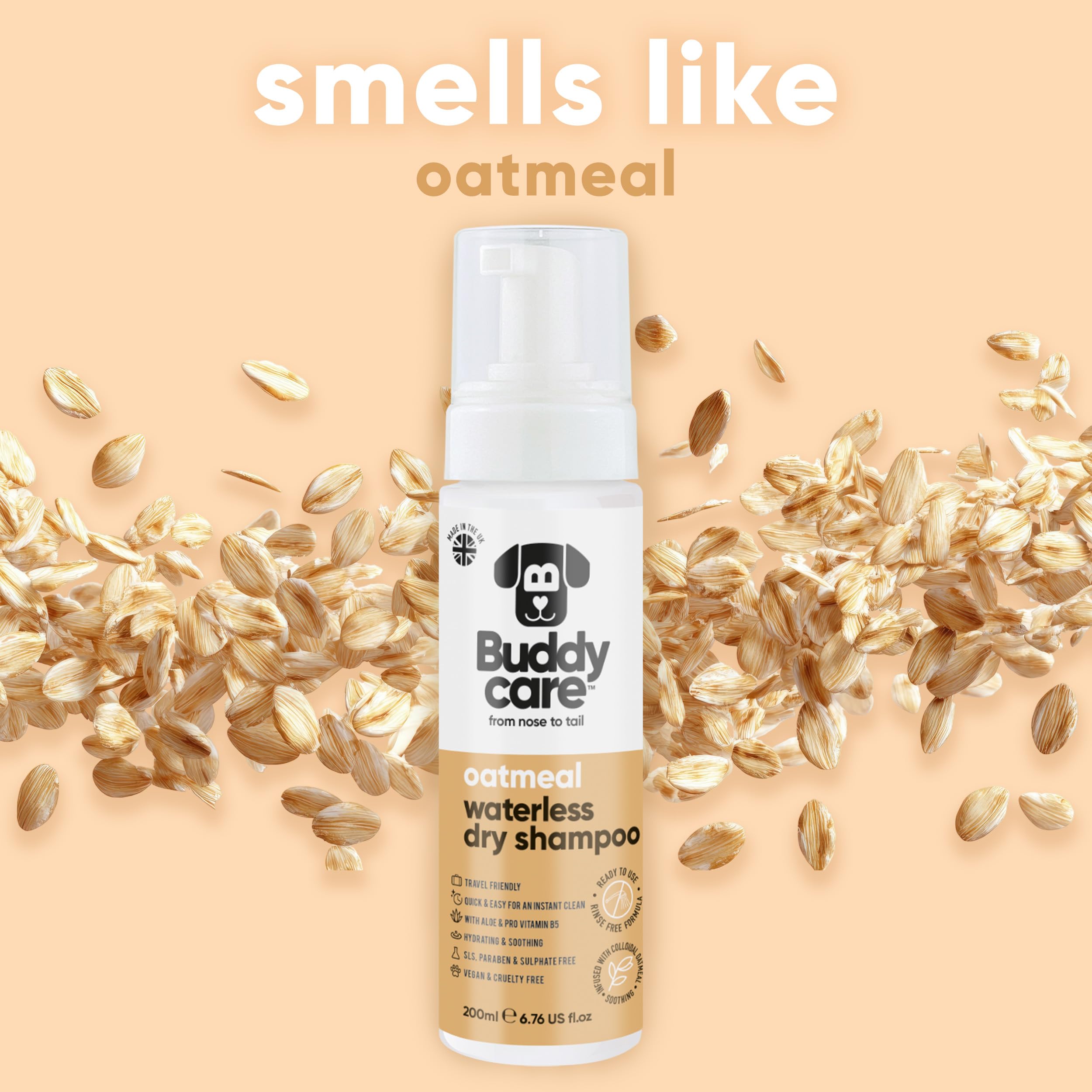 Buddycare Bezwodny, suchy szampon dla psów (200 ml) | Oatmeal szampon dla psów bez spłukiwania do skóry wrażliwej | naturalny, łatwy w użyciu suchy szampon dla świeżego, czystego sierści
