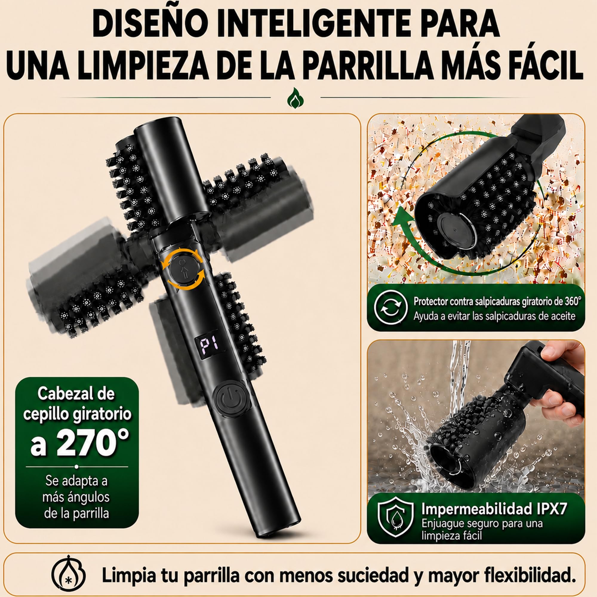 Cepillo Eléctrico para Barbacoa Inalámbrico 270° Ajustable 120 Min | Limpiador de Parrilla Recargable USB-C, Cabezal Cepillo de Acero Inox y de Pulido, 3 Velocidades, para Acampadas y Barbacoas