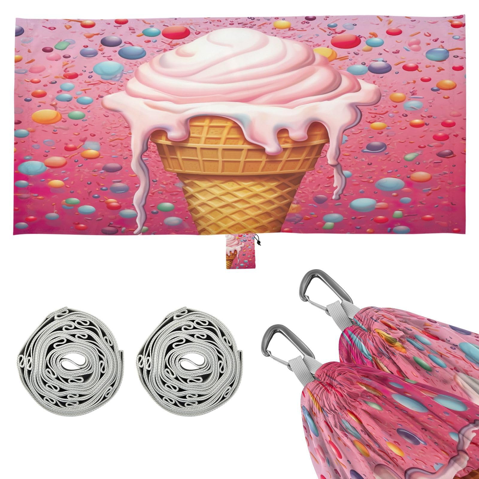 Haskirky Ice Cream Camping Hammock, Single Portable Hammocks with Tree Straps & Attached Carry Bag, 330Lbs Capacity Perfect for Outside Indoor Hiking Beach Backpack Travel