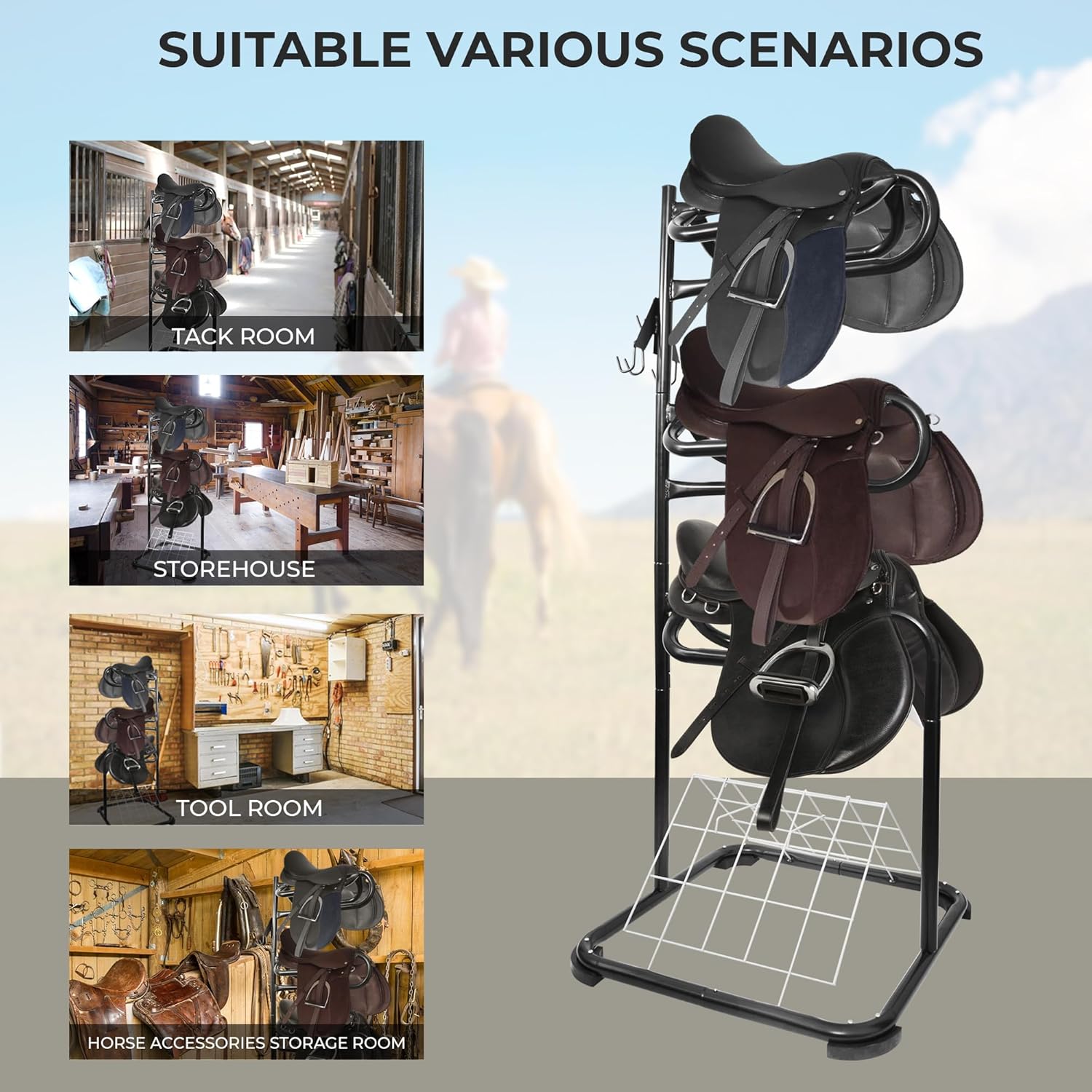 HOMESTEAD 3-Tier Saddle Rack - Horse Saddle Stand Rotating Tiers, Bridle Rack, Hooks for English & Western Saddle, Tack Room