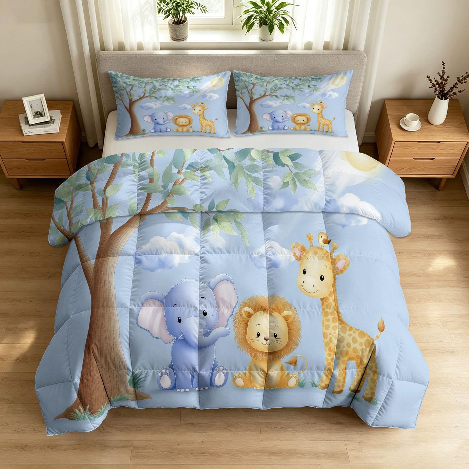 Generisch Edredón sin funda de 135 x 200 cm, diseño de león, elefante, para todo el año, con 2 fundas de almohada de 80 x 80, con dibujos animados de animales, lavable, 4 estaciones, agradable para la
