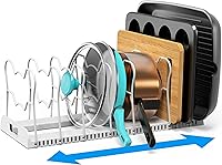 SimpleHouseware Expandable Pan Organizer Rack, 10 Adjustable Dividers, White - Pots, Pans, Lids & Bakeware Storage for Kitchen Cabinets & Countertops