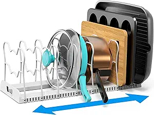 SIMPLE HOUSEWARE Expandable Pan Organizer Rack, 10 Adjustable Compartments, White - Kitchen Cabinet Organizer for Pots, Pans, Lids & Bakeware - Pantry & Countertop Storage