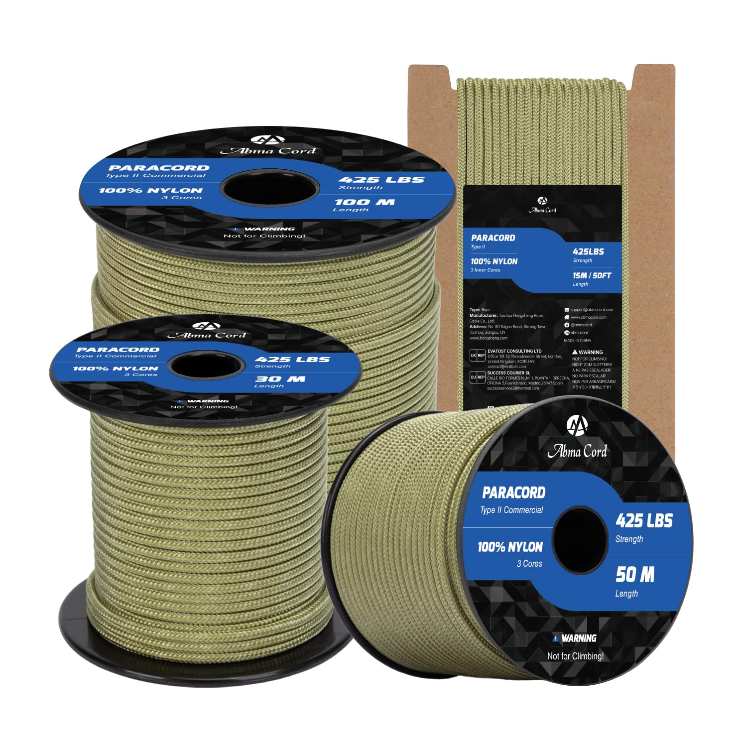 Abma Cord Paracord 3mm 15m 100% Nylon Rope Type II 3 Strands Parachute Cord - Max. 192kg (425lbs) - Holy Guacamole