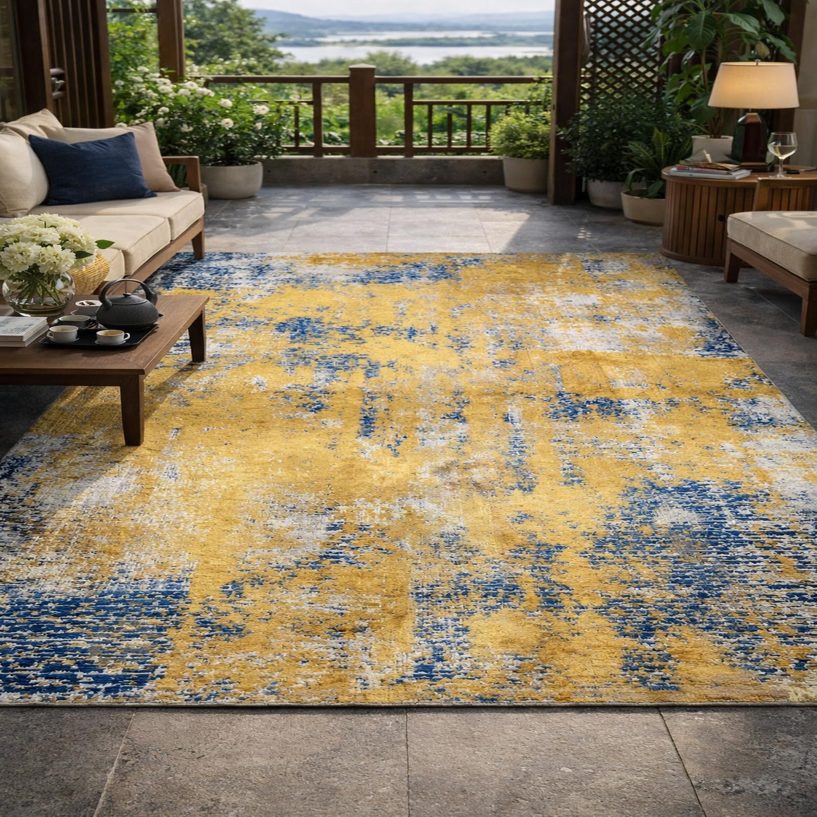 Tapis poils courts salon chambre bureau abstrait moderne jaune bleu blanc 60 x 120 cm