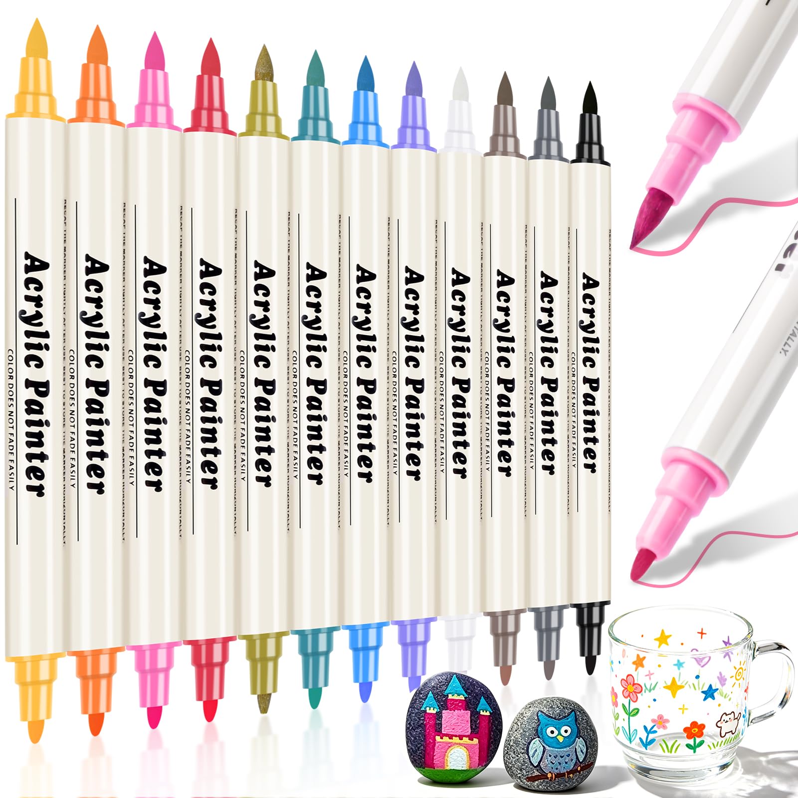 DUULEMANG 12 Colours Dual Tip Acrylic Paint Pens Markers, Brush & Fine Tip Coloring Drawing Markers for Christmas Decorations, Waterproof Making Art Supplies for Wood, Fabric, Stone, Glass Painting