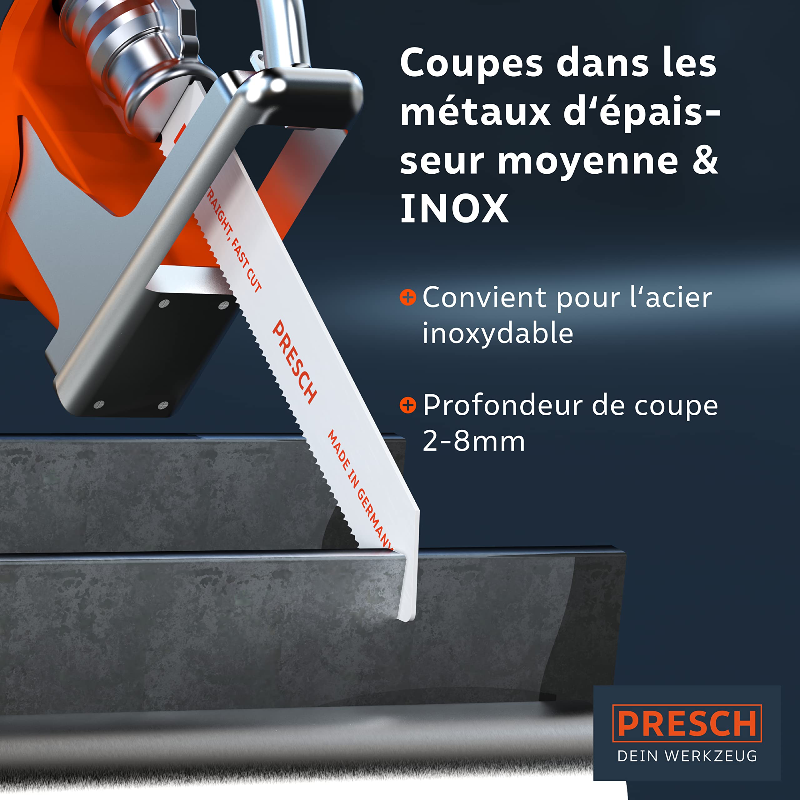 Presch Lames scie sabre pour le métal et l'inox 10 pièces (2-8mm) - Lames au cobalt à 8% pour l'acier inoxydable - Kit de lames de scie électrique avec boîte