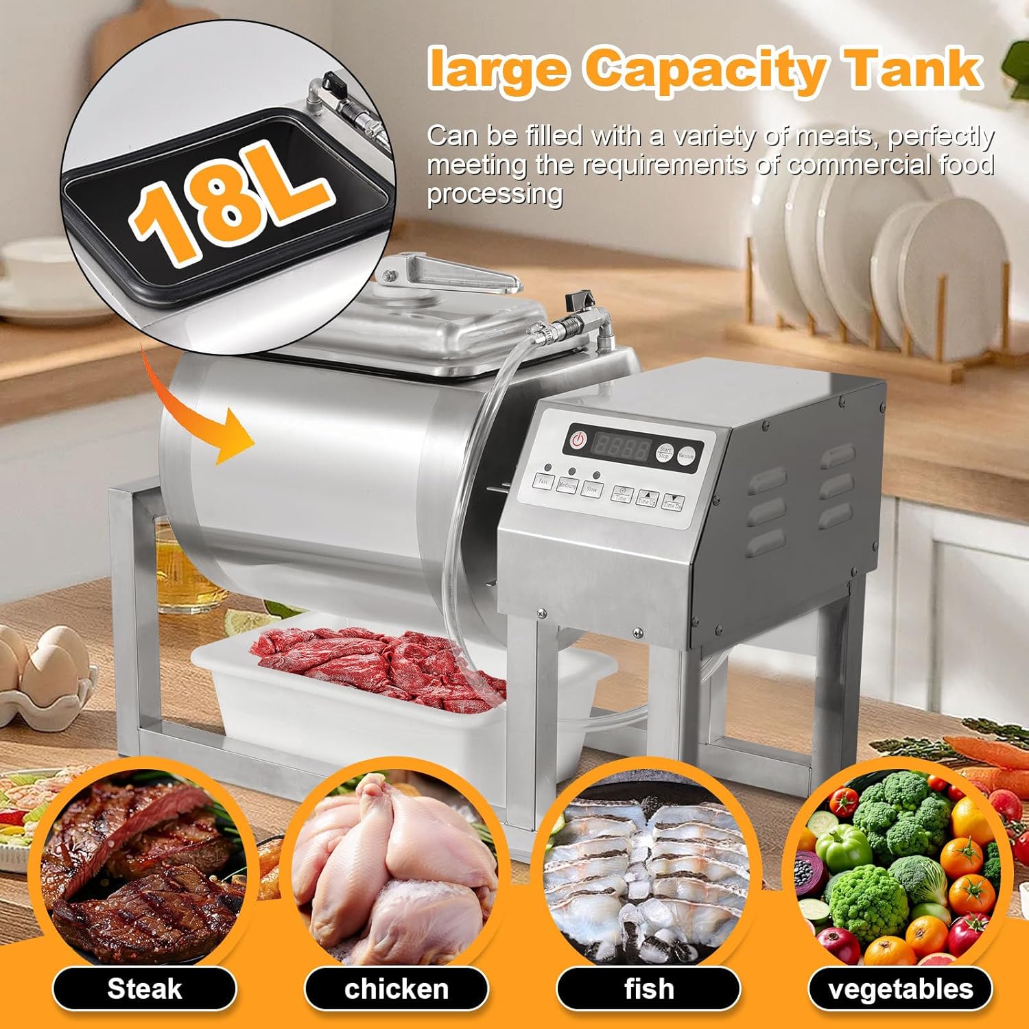 Commercial Meat Tumbler Marinator 18L Vacuum Tumbler Marinating Machine Bidirectional Rotation 1-99min Timing 3-Speed Stainless Steel Vacuum Curing Machine Marinate Meat Vegetables Steak Pork Sausage