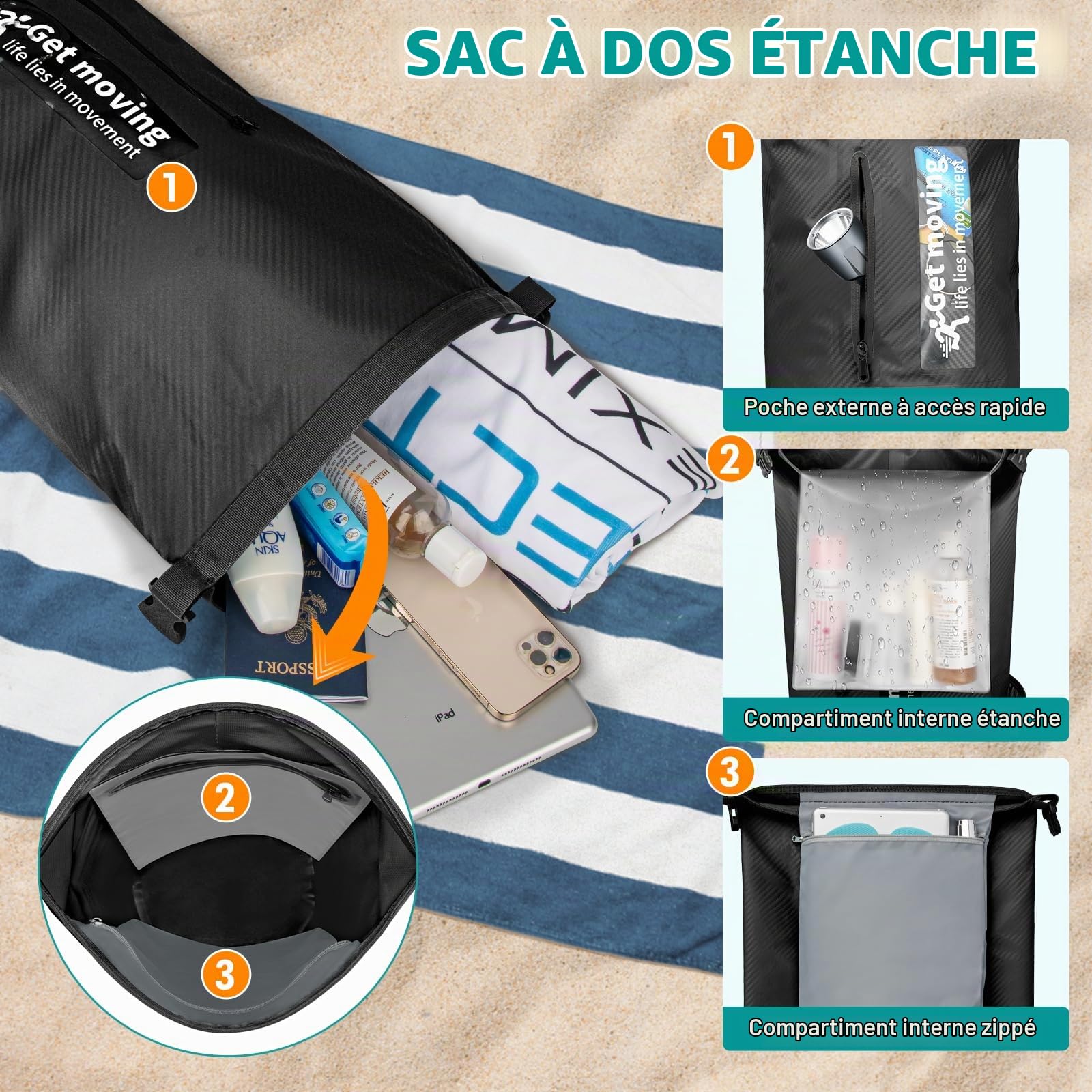 Sac à Dos Étanche 10L 20L 30L Sac Étanche Nautique Sac de Voyage Waterproof Dry Bag Roll-Top Sac Imperméable pour Kayak Pêche (10L,Noir(avec Pochette étanche pour téléphone Portable))
