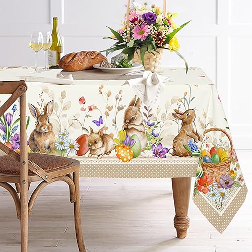 Miniatura 6 de Yighty Mantel ovalado de Pascua de 54 x 72 pulgadas, mantel de acuarela de huevo de Pascua con diseño floral de primavera y conejo, mantel