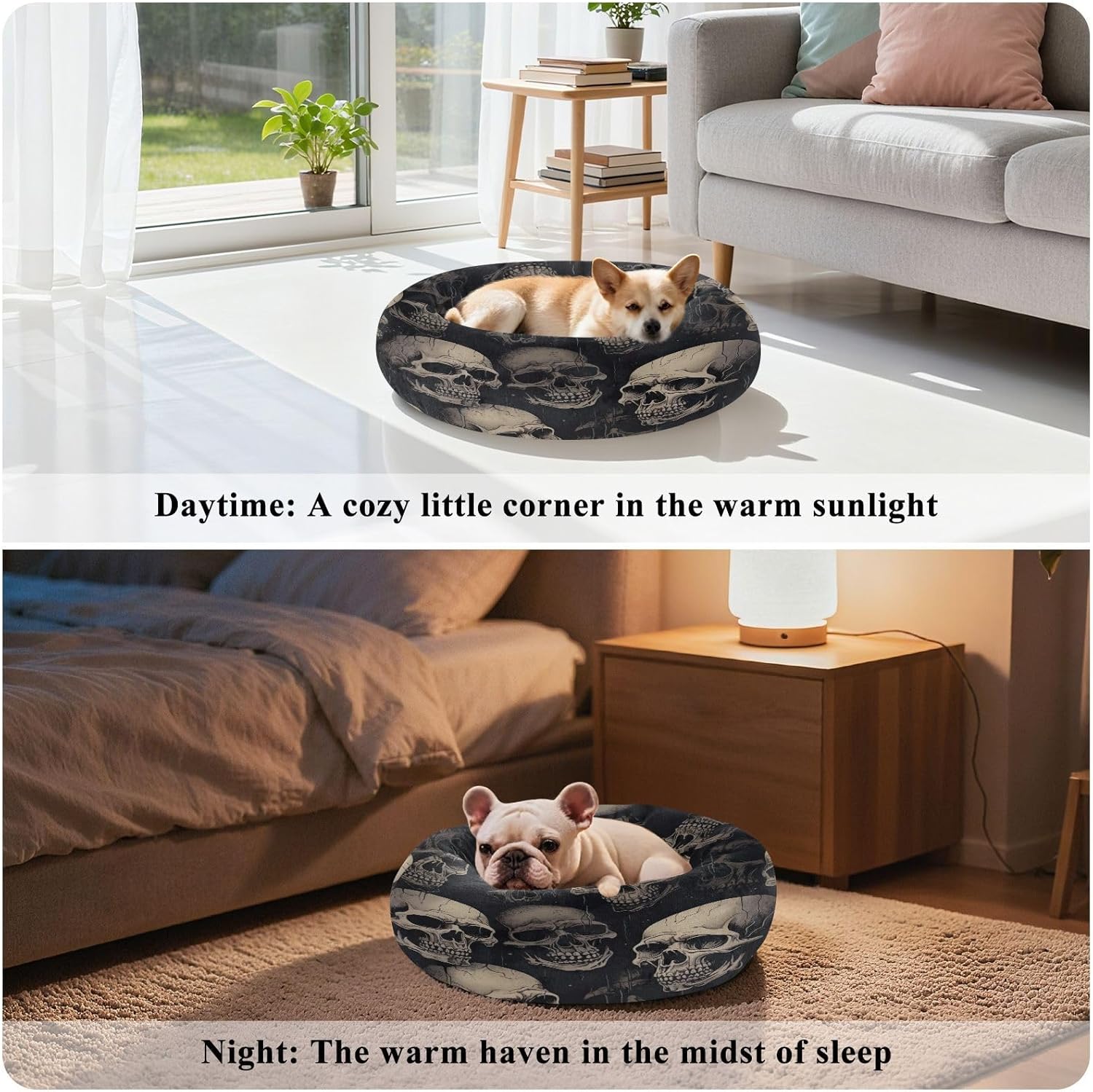 Dog Bed Ultra Soft Fluffy Comfortable Cat Bed, Scary Skulls Washable Dog Beds Anti-Slip Round Pet Beds for Medium Dogs