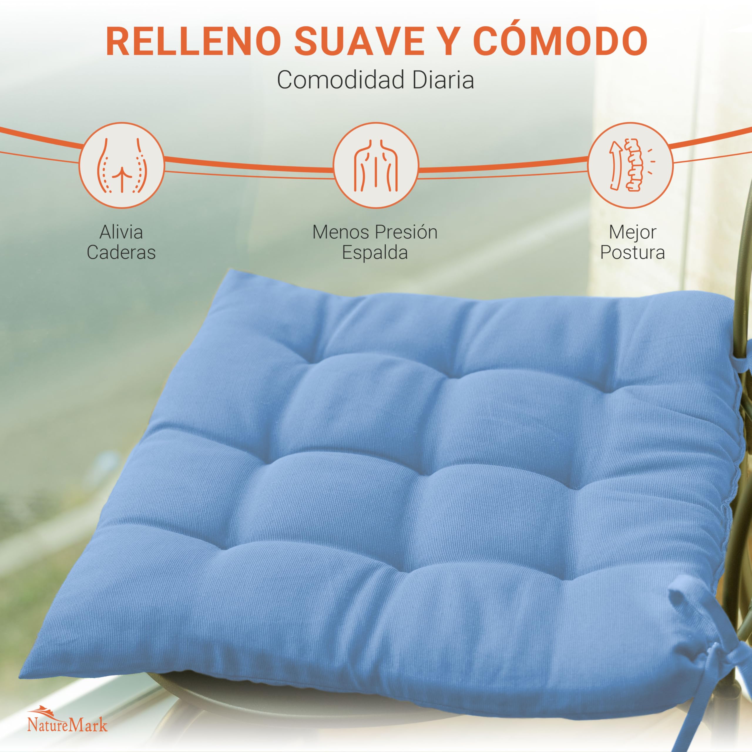 NatureMark Set de 4 Cojines para Sillas con Lazos 40x40 cm – Cojín de Asiento Relleno para Cocina, Jardín y Terraza – Color Azul Claro