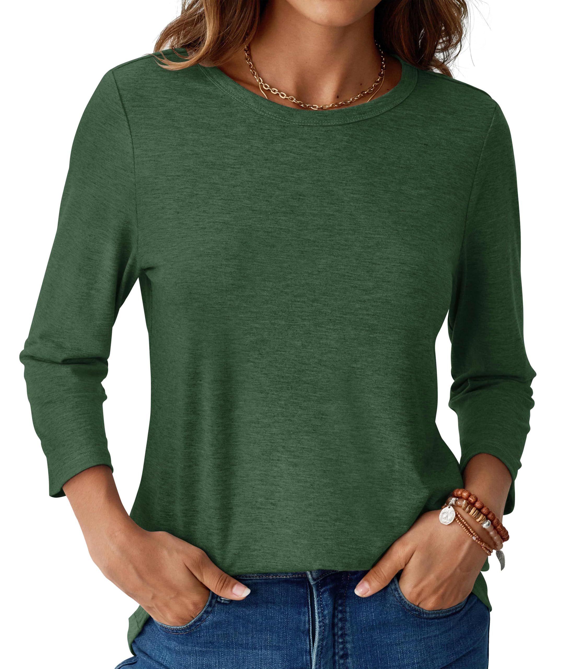 Womens Tops 3/4 Sleeve Shirts Round Neck Casual Blouses Basic Loose Fit Pullover Tshirts