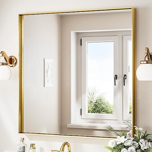 Miniatura 496 de Keonjinn Espejo de baño dorado de 48 x 36 pulgadas, espejo rectangular con marco de metal dorado cepillado, espejo de pared grande rectangular