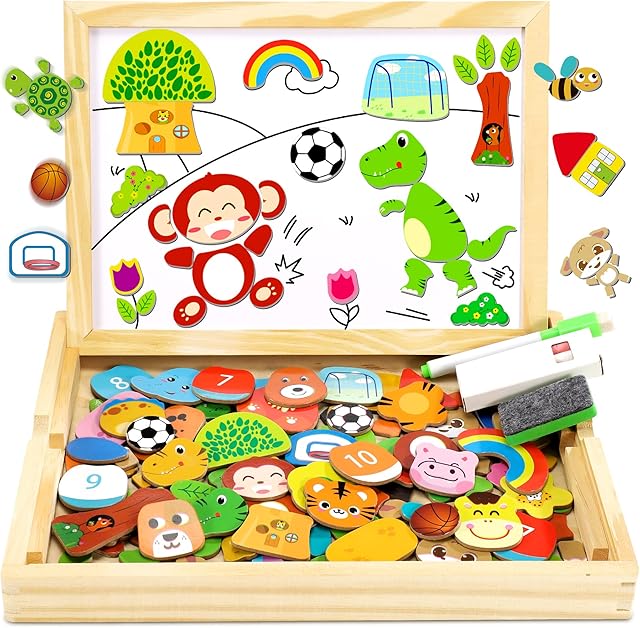 Jojoin Wooden Magnetic Puzzle, 110 PCS Magnetic Board Puzzle Games, Sports Theme Animal Pattern, Double Sided Jigsaw, Drawing Easel Blackboard Educational Wood Toys Gift for Boys Girls Kids 3+