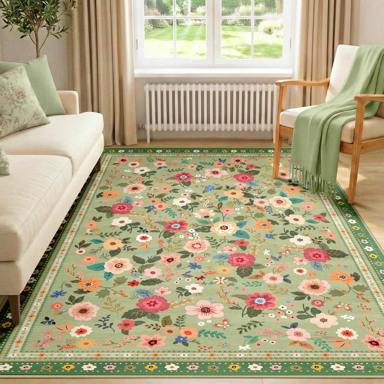 INOVADAY Nadający się do prania dywan 120 x 180 cm, styl boho, krótkie runo, antypoślizgowy, z nadrukiem kwiatowym, do salonu, sypialni, jadalni, biura, pokoju dziecięcego, jasnozielony