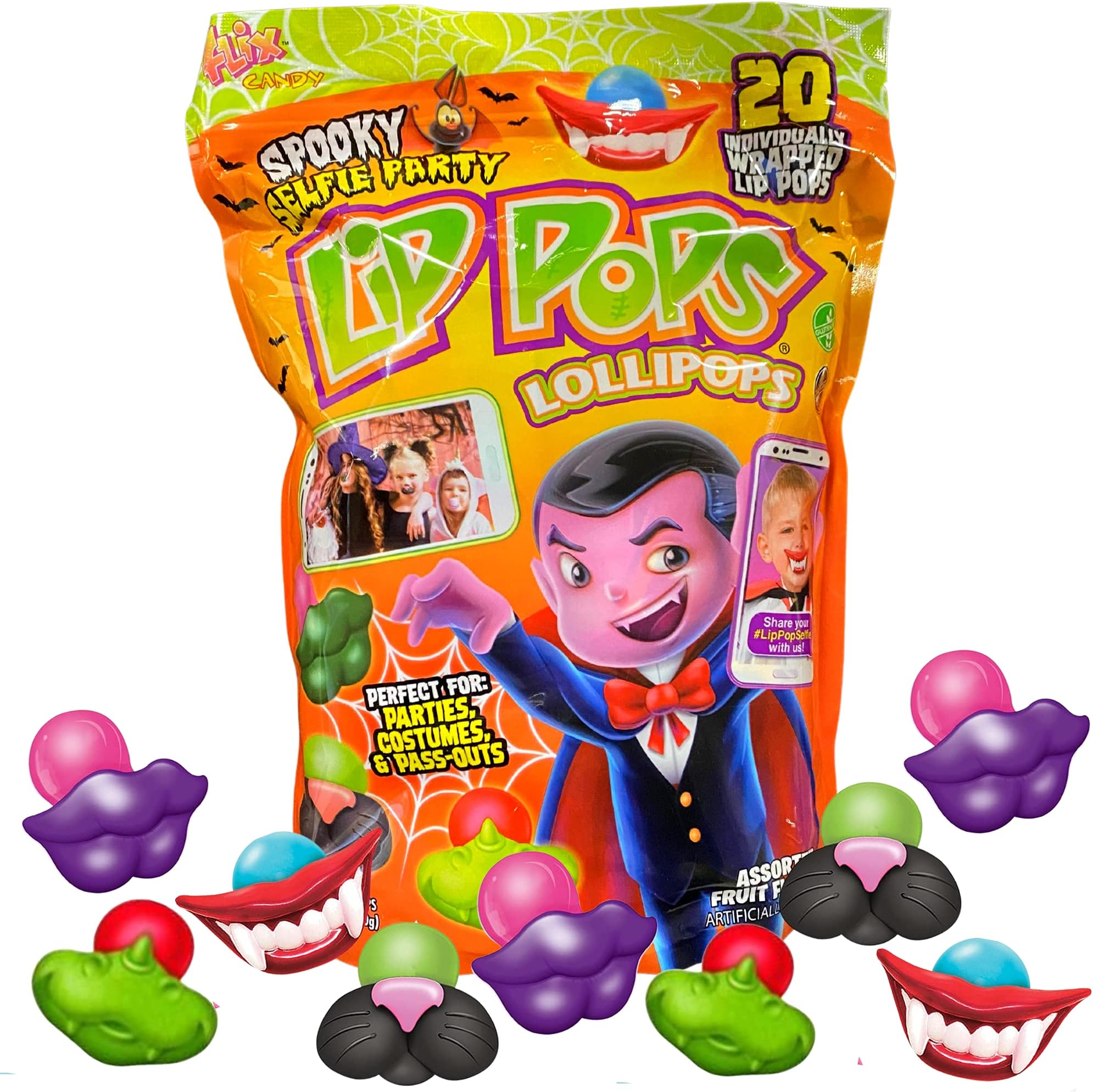 Flix Candy Halloween Spooky Selfie Lip Pops Lollipops - 20 Count (20-0.28 oz, 5.64 oz) Resealable Standup Bag Multi 28 Ounces