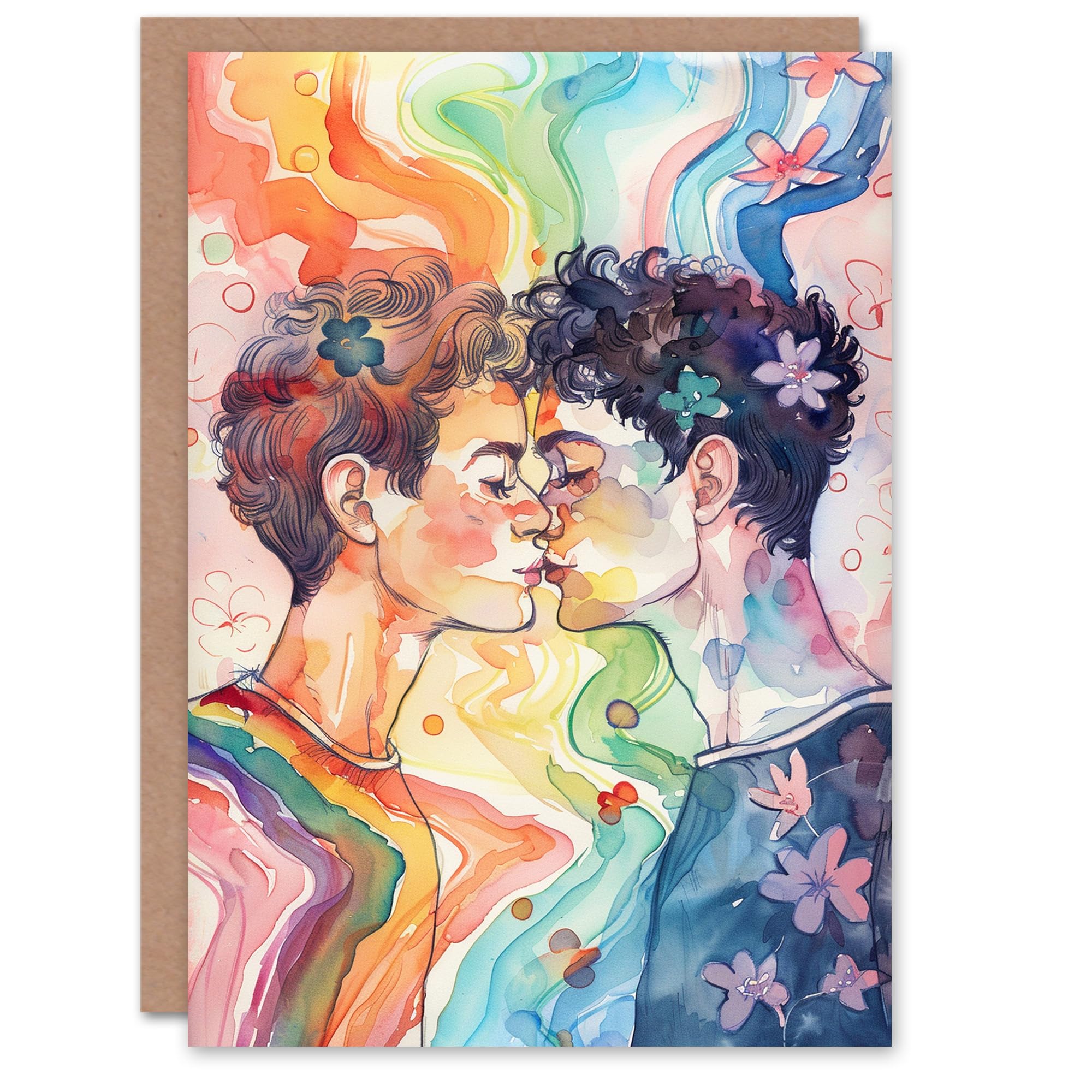 Artery8 Rainbow Love Pride Gay Couple Kiss Watercolour Blank For Him Or Her Art Birthday Card