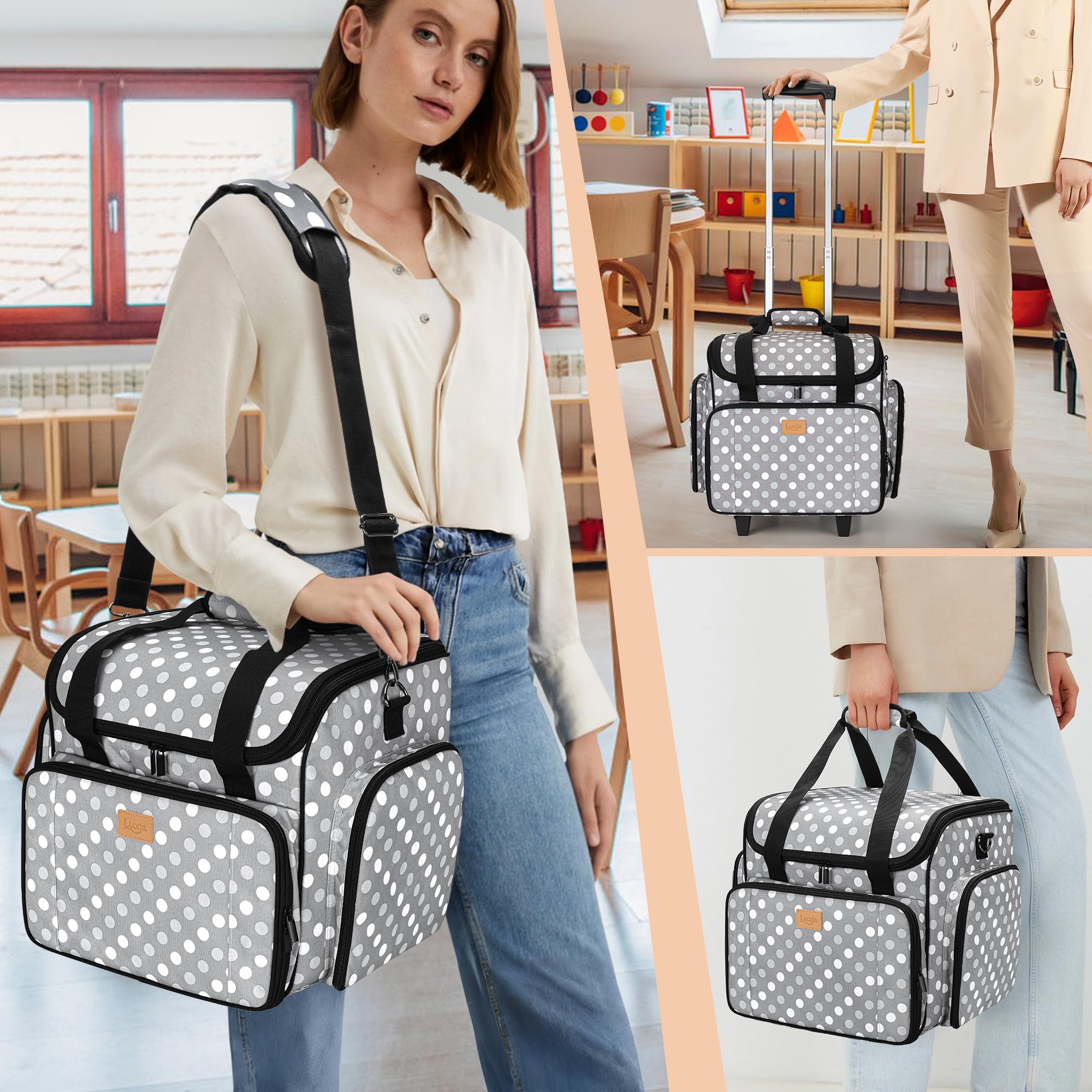 Luxja Sac à roulettes pour Professeur avec Plusieurs Poches et Coussin de Soutien Inférieur, Sac de Transport pour Enseignant avec Chariot Détachable (Brevet de Conception), Pois Gris