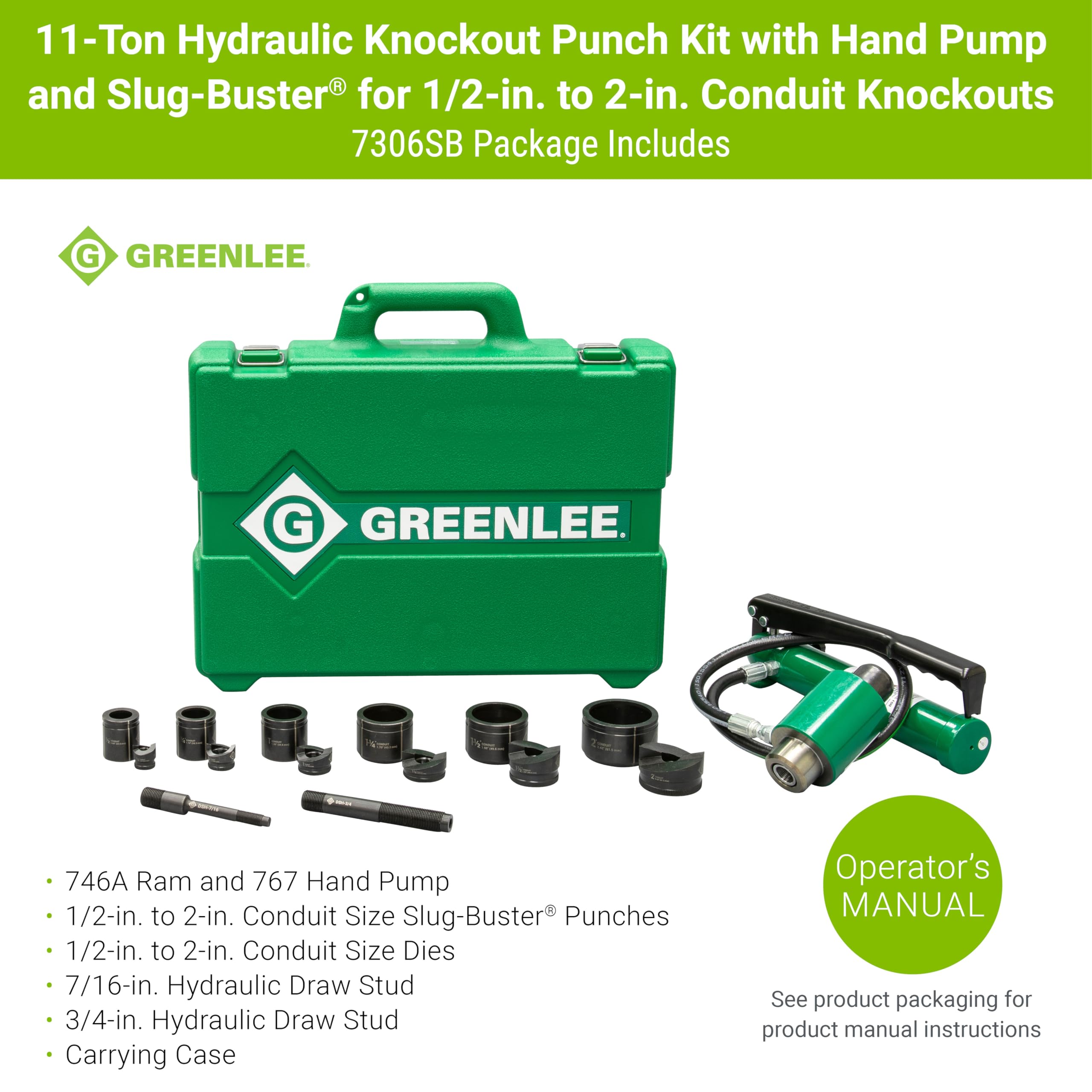 Greenlee 7306SB 11-Ton Hydraulic Knockout Punch Kit with Hand Pump