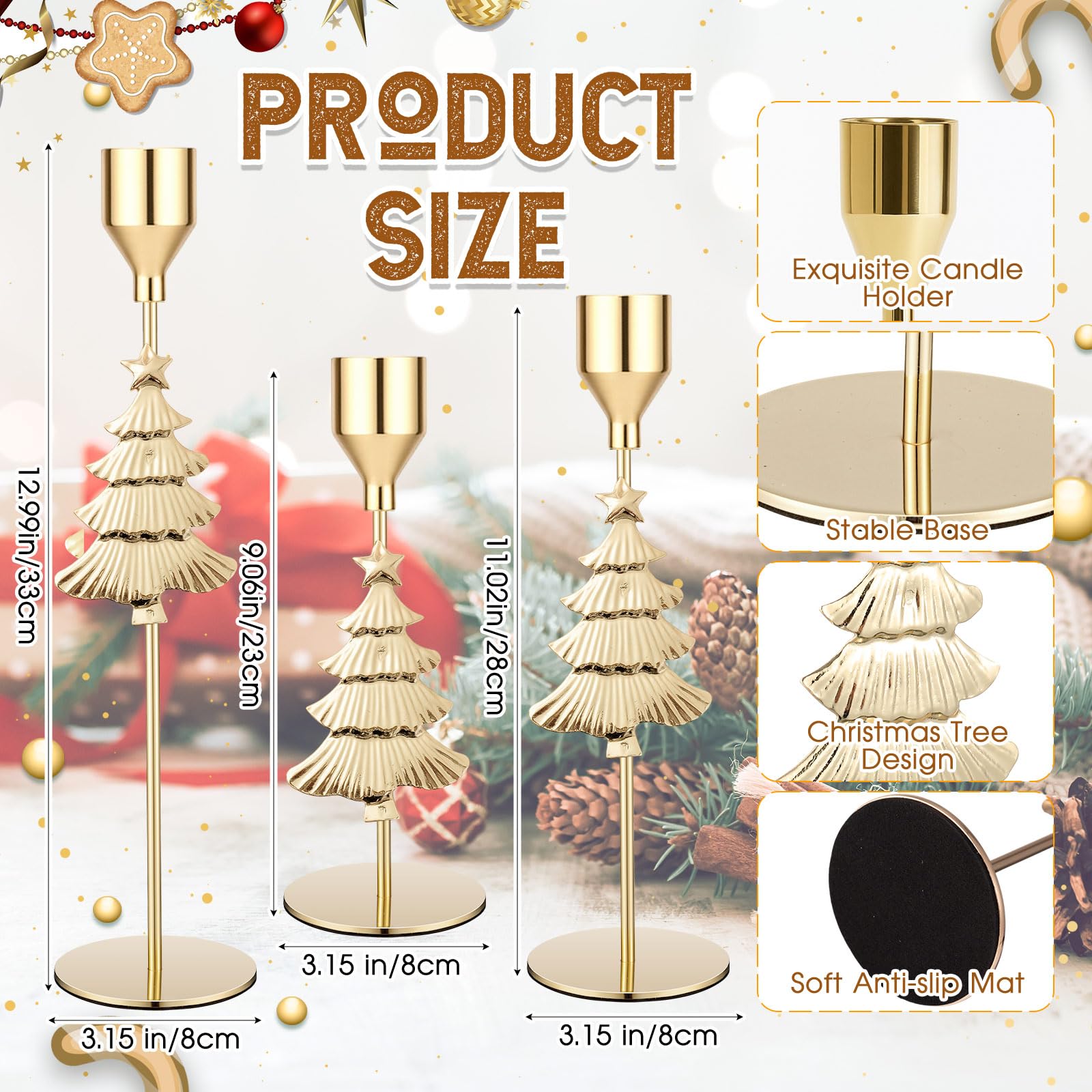 Ziliny 6 portavelas de metal dorado para árbol de Navidad, portavelas alto para Navidad, boda, inauguración de la casa, mesa de repisa, centro de mesa decorativo, 3 tamaños