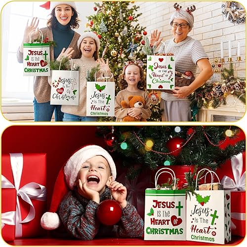 Miniatura 6 de 24 bolsas de regalo de Navidad con asas a granel, cristiano Jesús es el corazón de Navidad, bolsas con corazón, hoja de flor de pascua, motivo de