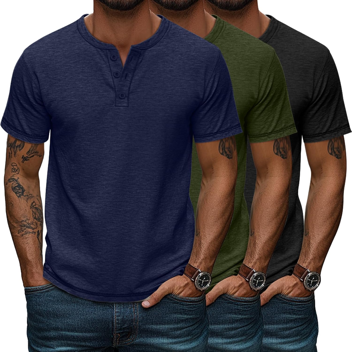 Huukeay 3 Pack Men's Big & Tall Henley Short Sleeve Shirts, Crew Neck Casual Button T-Shirts Summer Basic Tees Tops