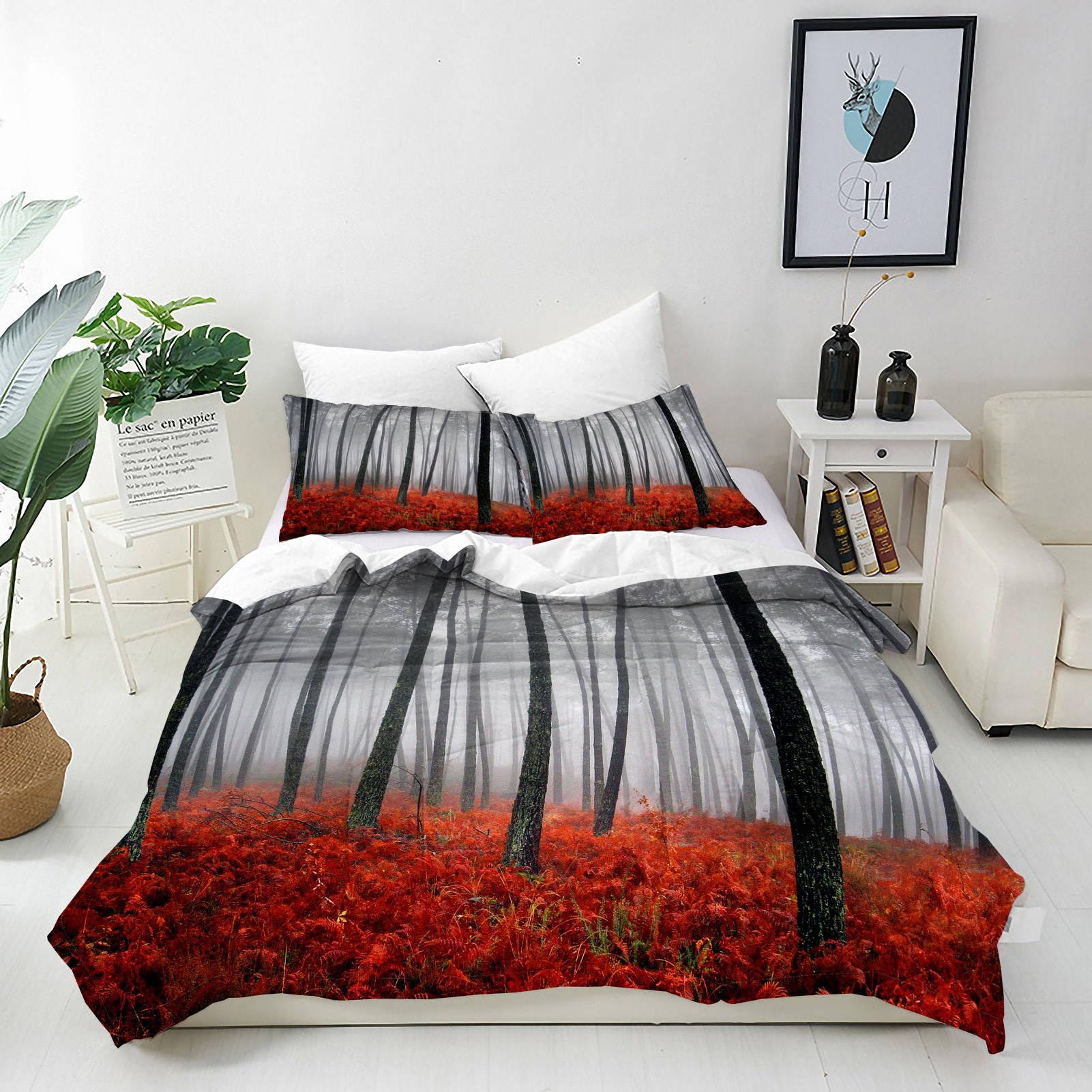 ANHOPE Autumn Forest Duvet Cover Set Soft Lightweight Microfibre 3Pcs Bedding Set with 2 Pillowcase Fall Foggy Jungle Woodland Tree Print Pattern All Season Quilt Cover with Zipper Closure Super King — image 1
