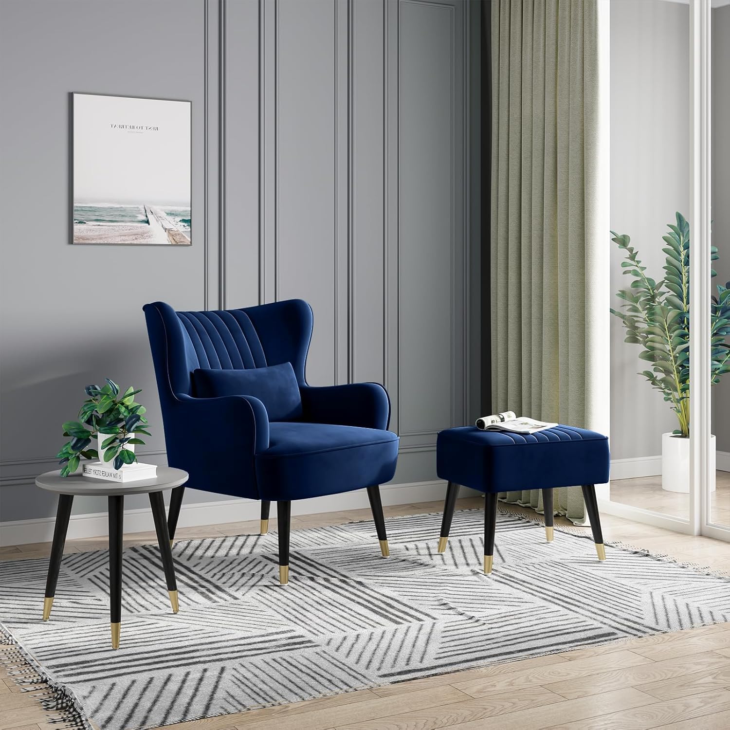 Vesgantti Samt Sessel, Moderne Relaxsessel mit Holzbein, Loungesessel mit Armlehnen, Ohrensessel für Wohnzimmer Schlafzimmer (Blau, Ohne Fußhocker)