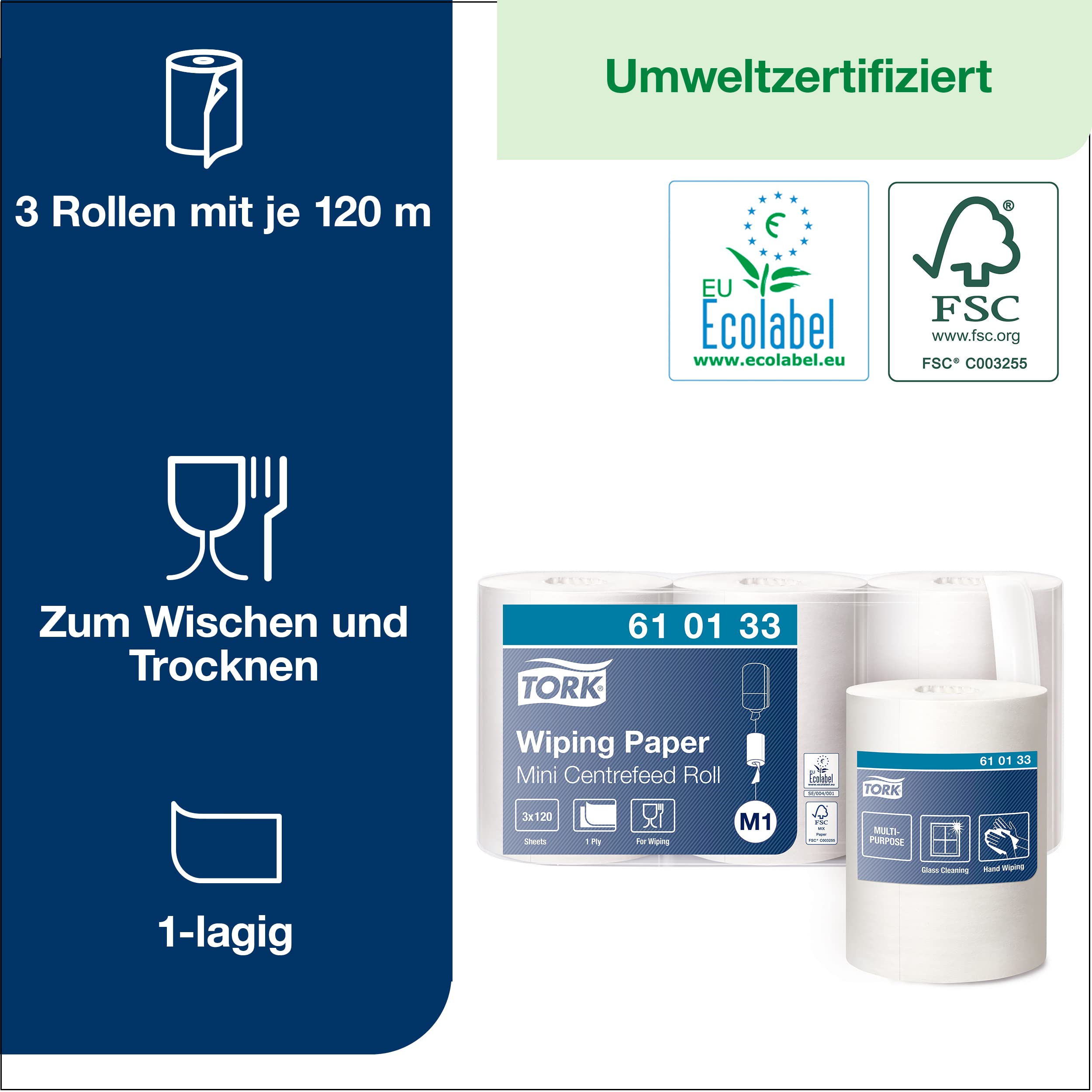 Tork Mini Innenabrollspender & Papierwischtücher – Für M1 Spender, 11 Rollen à 120 M, 1-lagig Weiß
