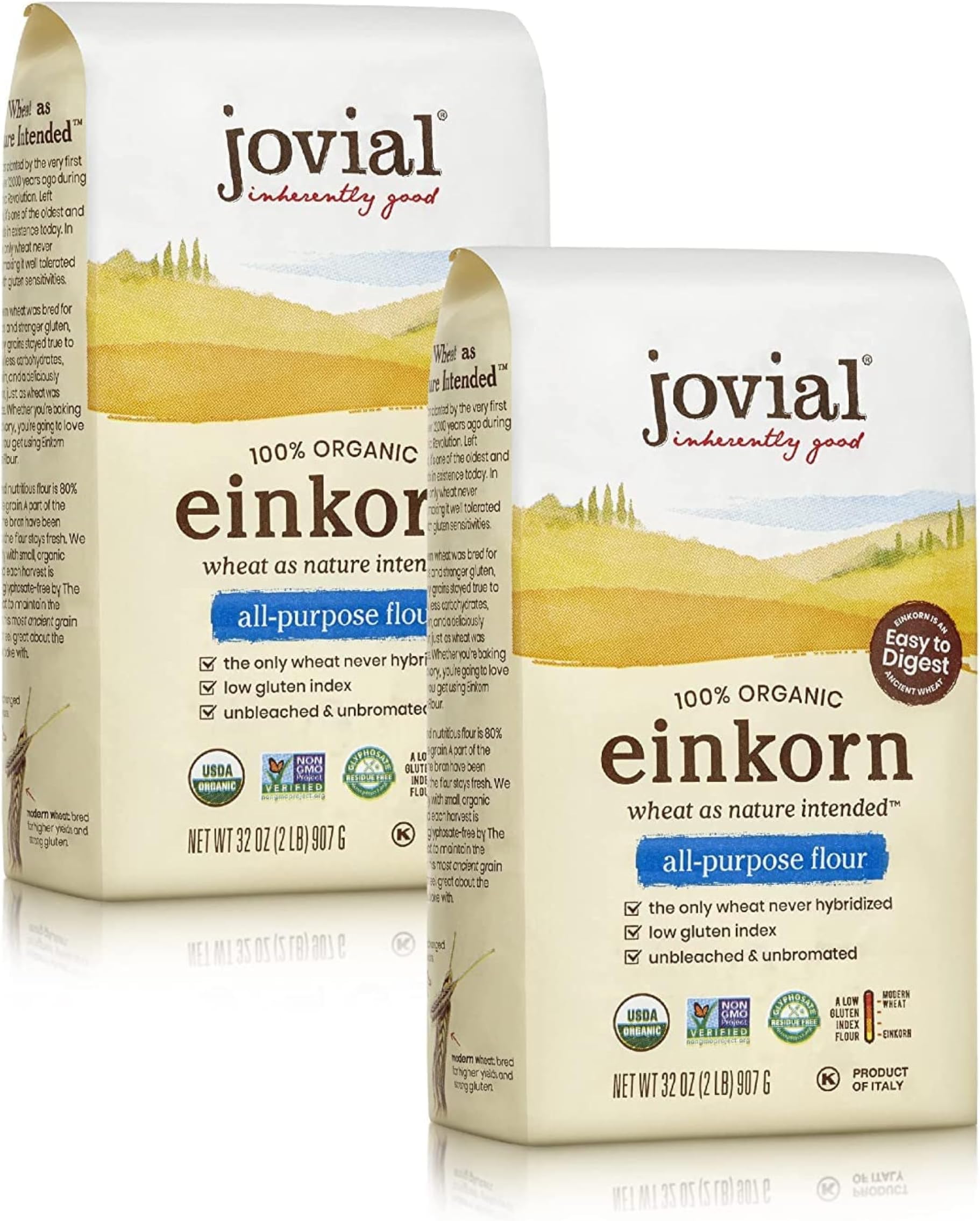 Jovial Organic Einkorn Unbleached All Purpose Flour - Bread Baking Flour for Sourdough, High Protein, Non-GMO, Use for Organic Pizza & Pasta, European Italian, Glyphosate Free - 32 Oz, 2 Pack