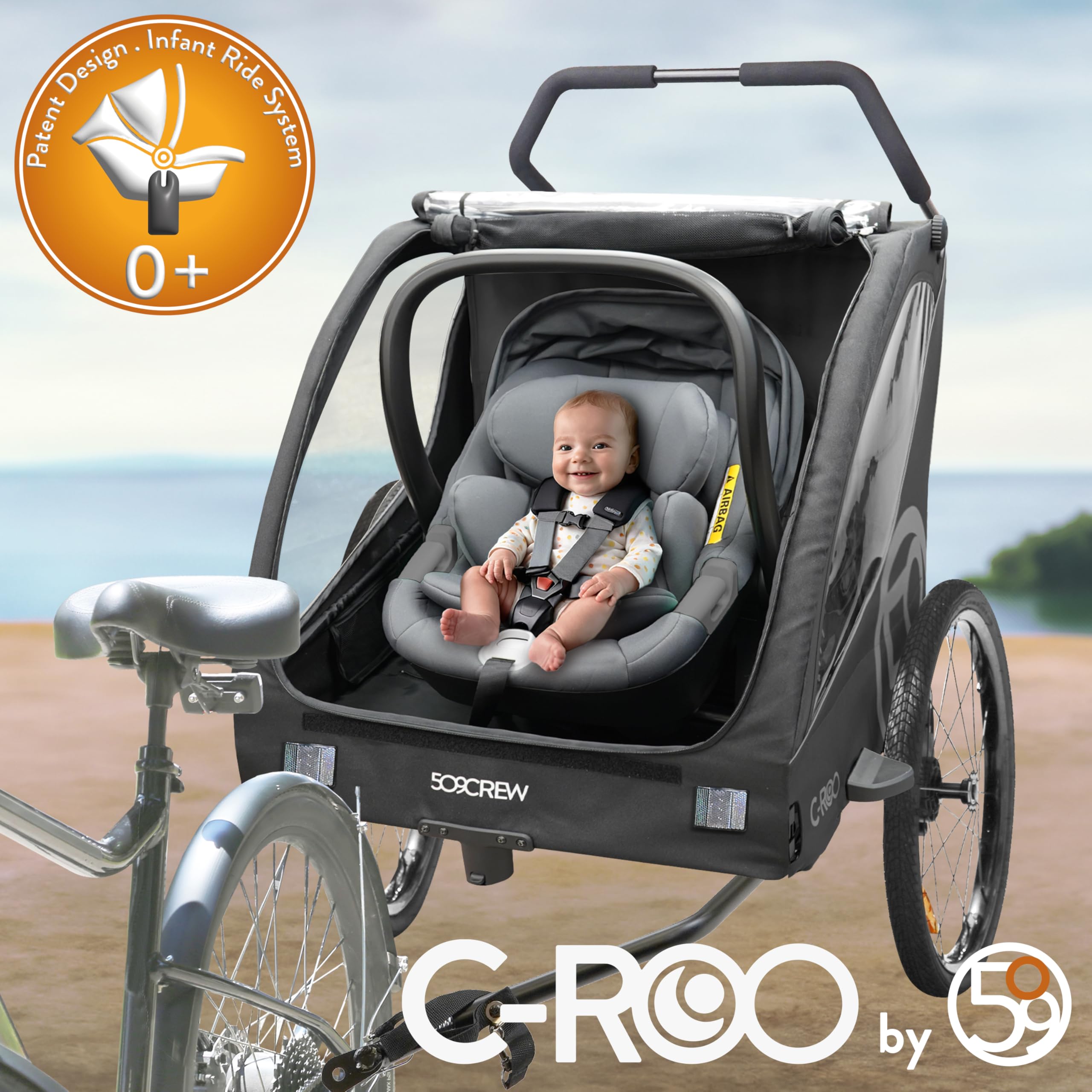 C-ROO Multi Use Bike Trailer, Infant Ride System, Max Load 50kg, Mosquito Net, Seatpads, Raincover, Night Grey