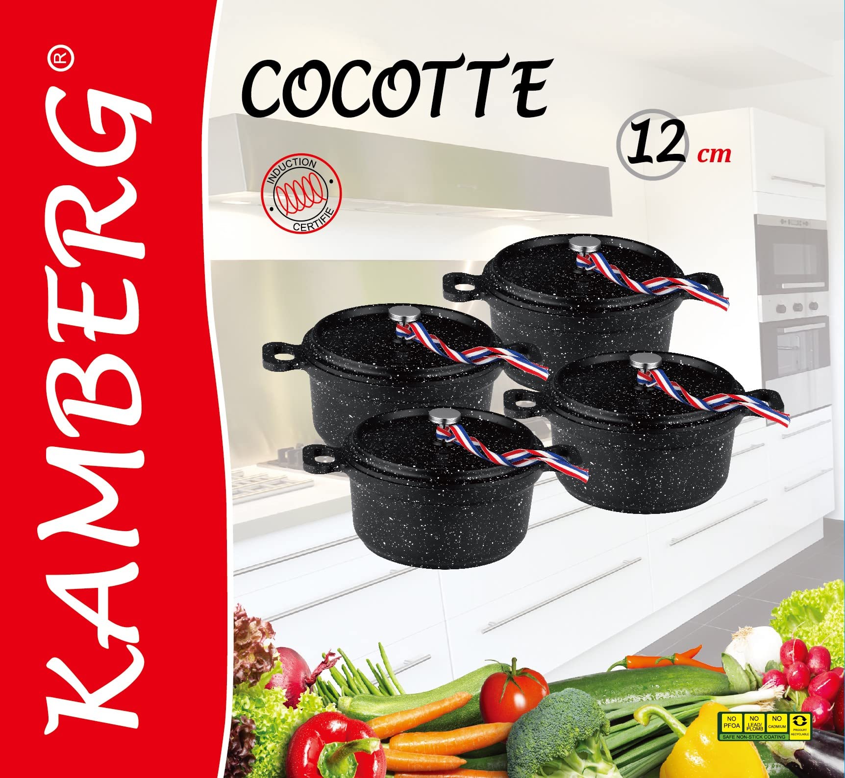 KAMBERG - 0008199 - Set 4 Mini Cocottes Ø 12 cm Ronde Noire - Fonte d'aluminium - Revêtement pierre - Tous feux dont induction - Sans PFOA
