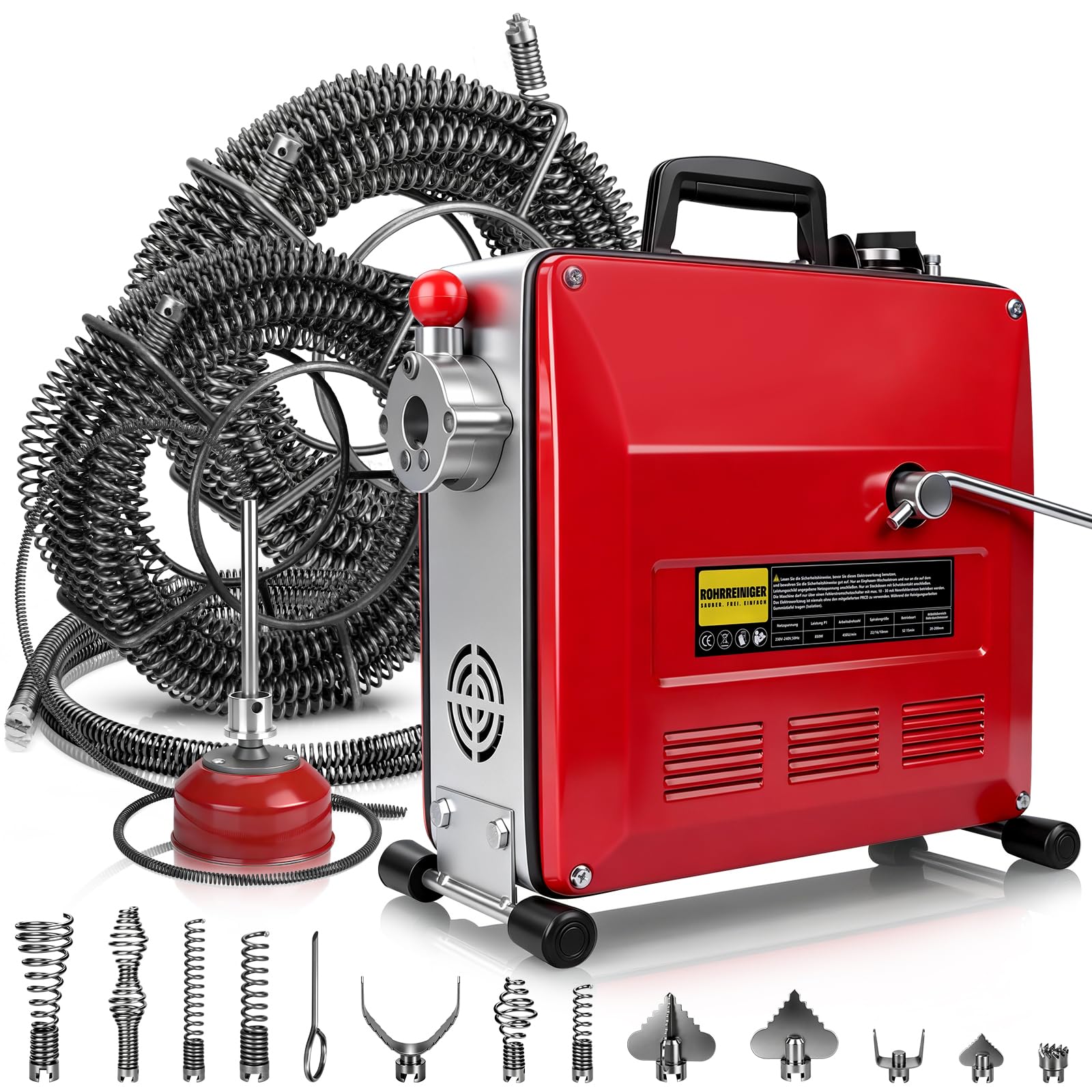 850W Rohrreinigungsmaschine für 20-200mm Rohrleitungen 12 Köpfe 450U/M | Spirale14m Ø22mm + 14.5m Ø16mm + 5m Ø10mm, Elektrischer Rohrreinigungsspirale Abflussreiniger Rohrbiegegerät Rohrreiniger