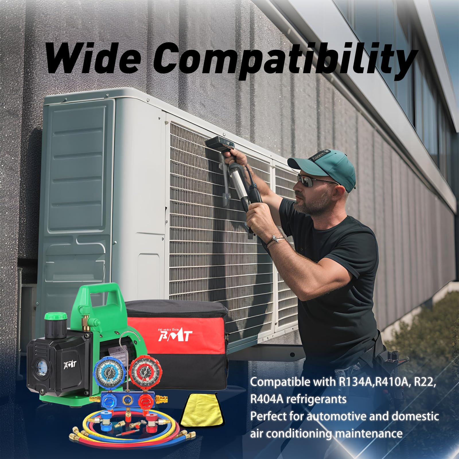 PB Motor Tech - Juego de Bomba de vacío y manómetro - Bomba de 4.5 CFM con manómetro de Aluminio, acopladores rápidos, Adaptador 410, Herramienta de Grifo y Bolsa de Transporte, para refrigerantes