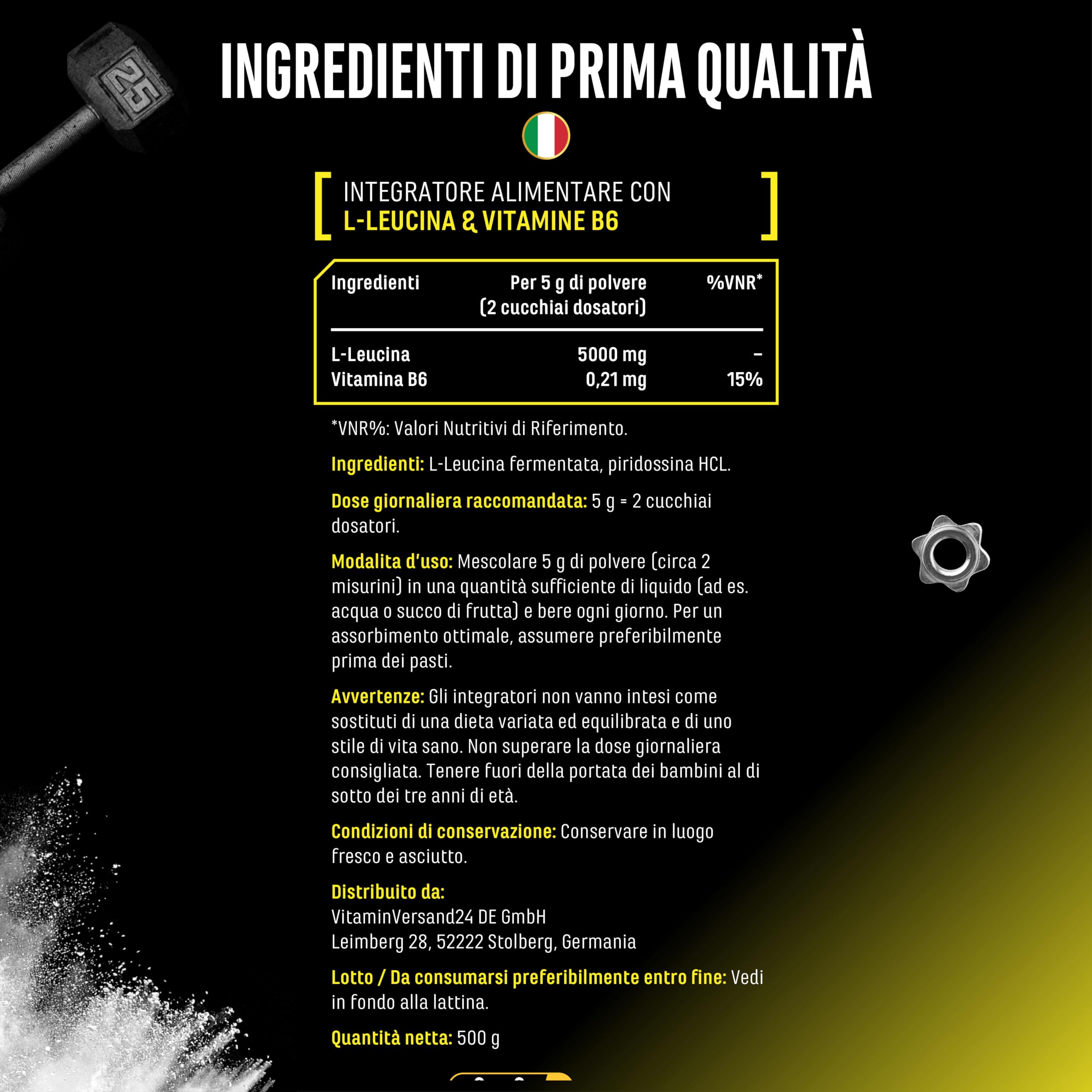 Leucina - 500 g di polvere - Elevata purezza - Materia prima premium: L-leucina naturale fermentata - Aminoacido - Senza additivi indesiderati, vegan