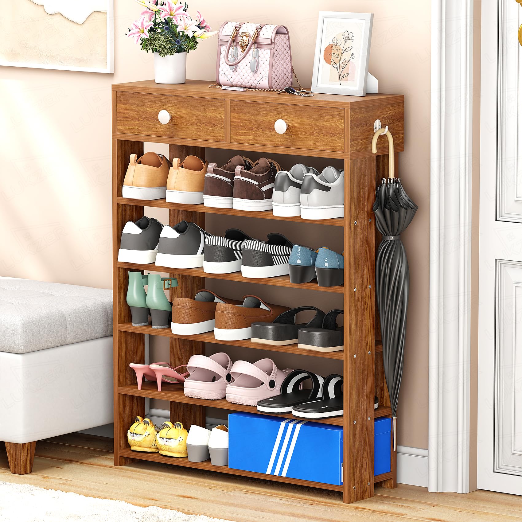Lukzer SR-001 Oak Brown 5-Tier Shoe Rack with Storage Drawers | Engineered Wood Shoe Stand & Organizer | Freestanding Entryway Shoe Shelf for Home, Hallway, Bedroom | DIY Assembly - 92x21x70 cm