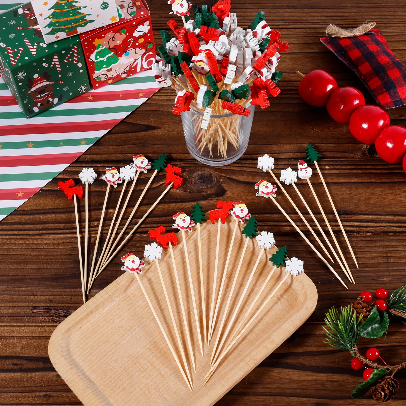 Set di 100 stuzzicadenti da cocktail con albero di Natale, Babbo Natale
