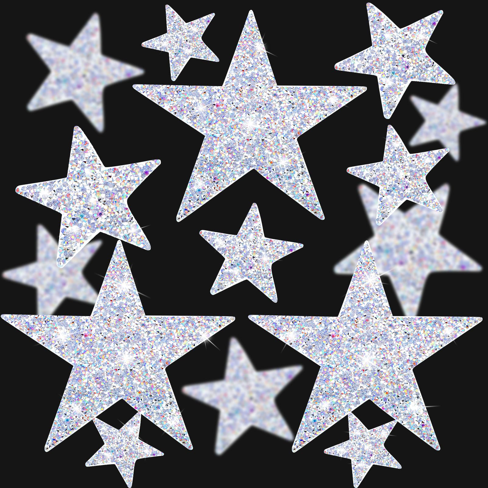 32 Pieces 5 Sizes Iron On Star Patches Adhesive Star Patches Star Shape Appliques Patch DIY for Clothing Jeans Repair Decoration (Resin Rhinestone,Silver AB)